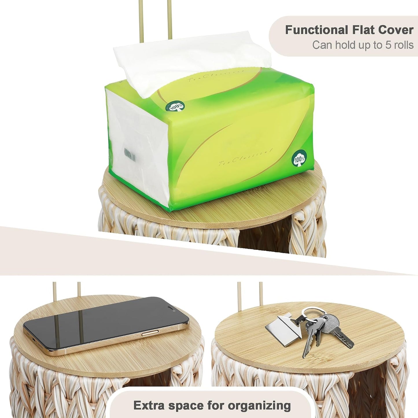 Toilet Paper Holder Stand with Lid Free Standing Storage for Bathroom Beige | Wciker, Water Hyacinth, 3 Rolls of Toilet