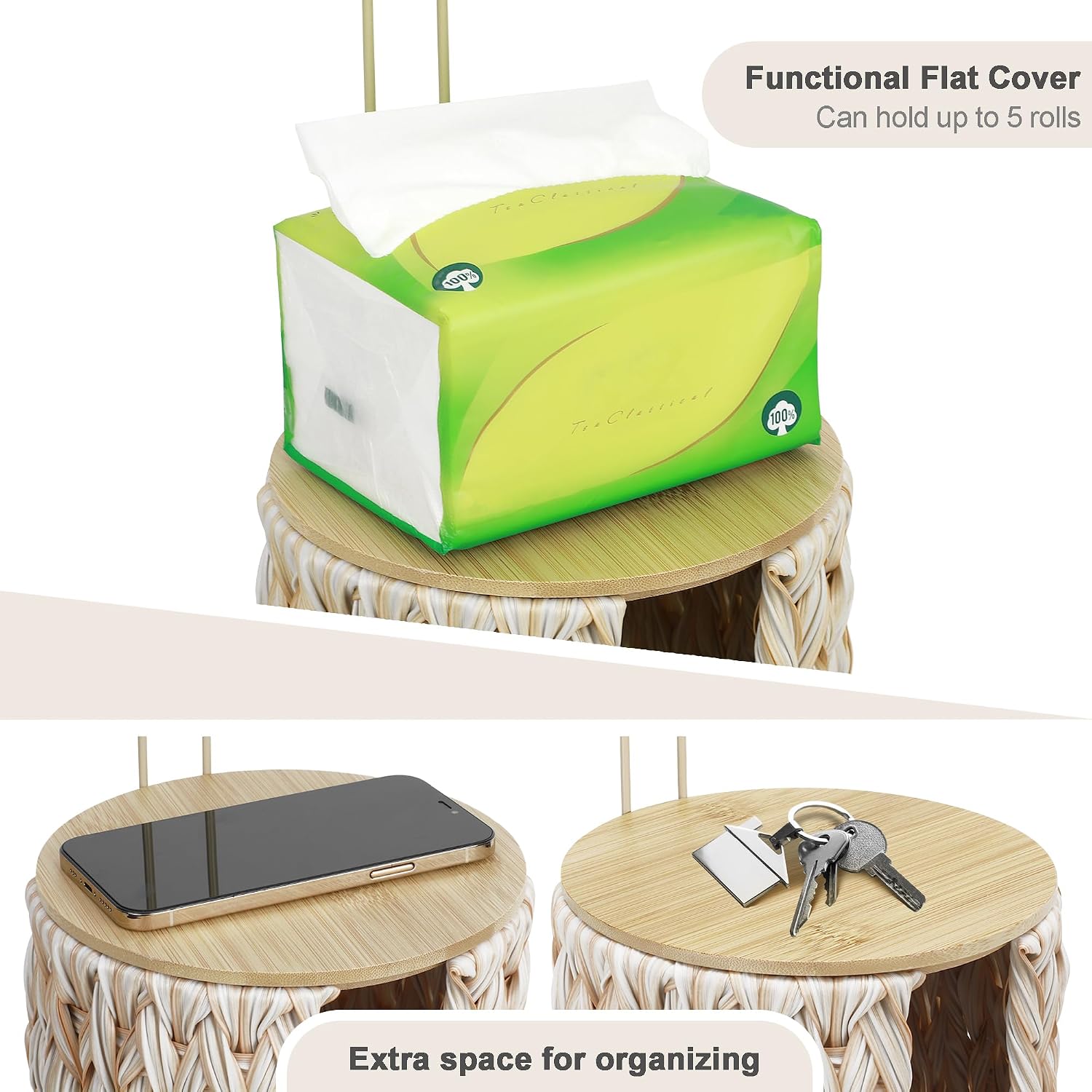 Toilet Paper Holder Stand with Lid Free Standing Storage for Bathroom Beige | Wciker, Water Hyacinth, 3 Rolls of Toilet