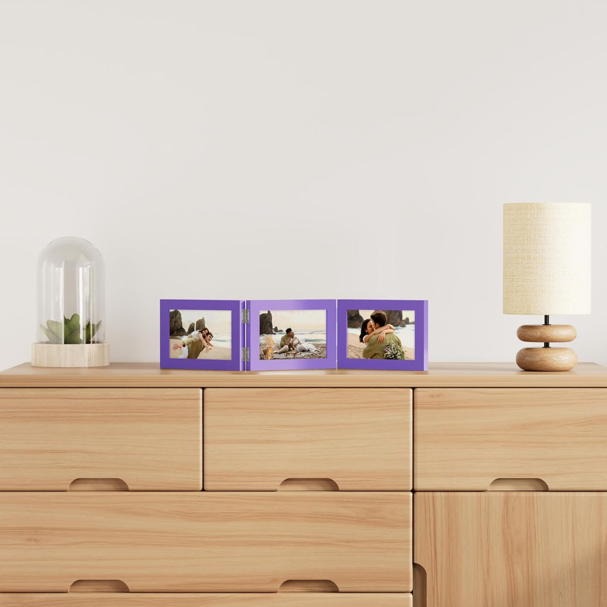 decorUhome Purple Triple 7x5 Picture Frame Horizontal, MDPP08 | "Z" Shape Folding Design Engineered Wood Trifold Photo