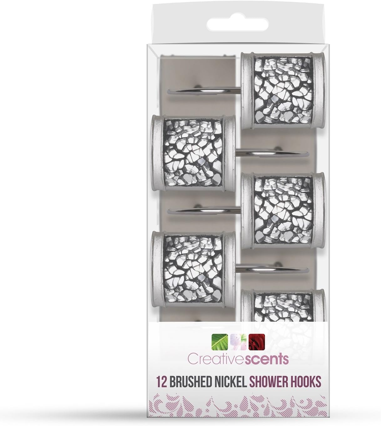 Creative Scents Silver Shower Curtain Hooks Decorative | Set of 12 | Crackled Glass Shower Curtain Rings