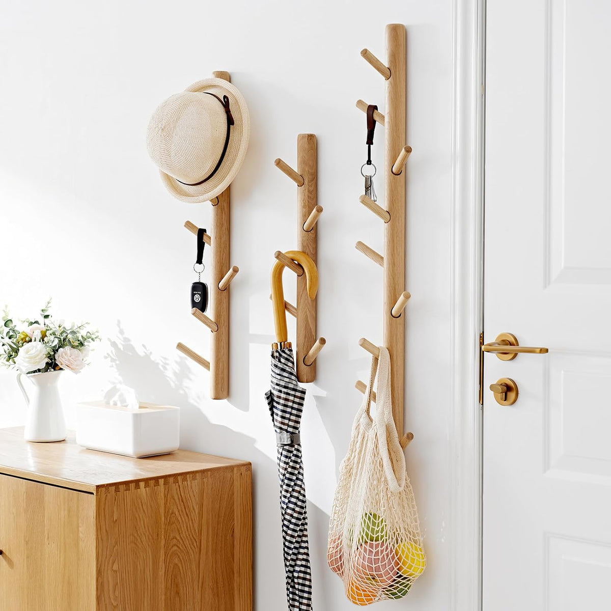 Vertical Coat Rack Wall Mounted - Height 36 Inches, Oak Wood Vertical Hat Rack for Wall with 9 Hooks, Modern Coat Rack