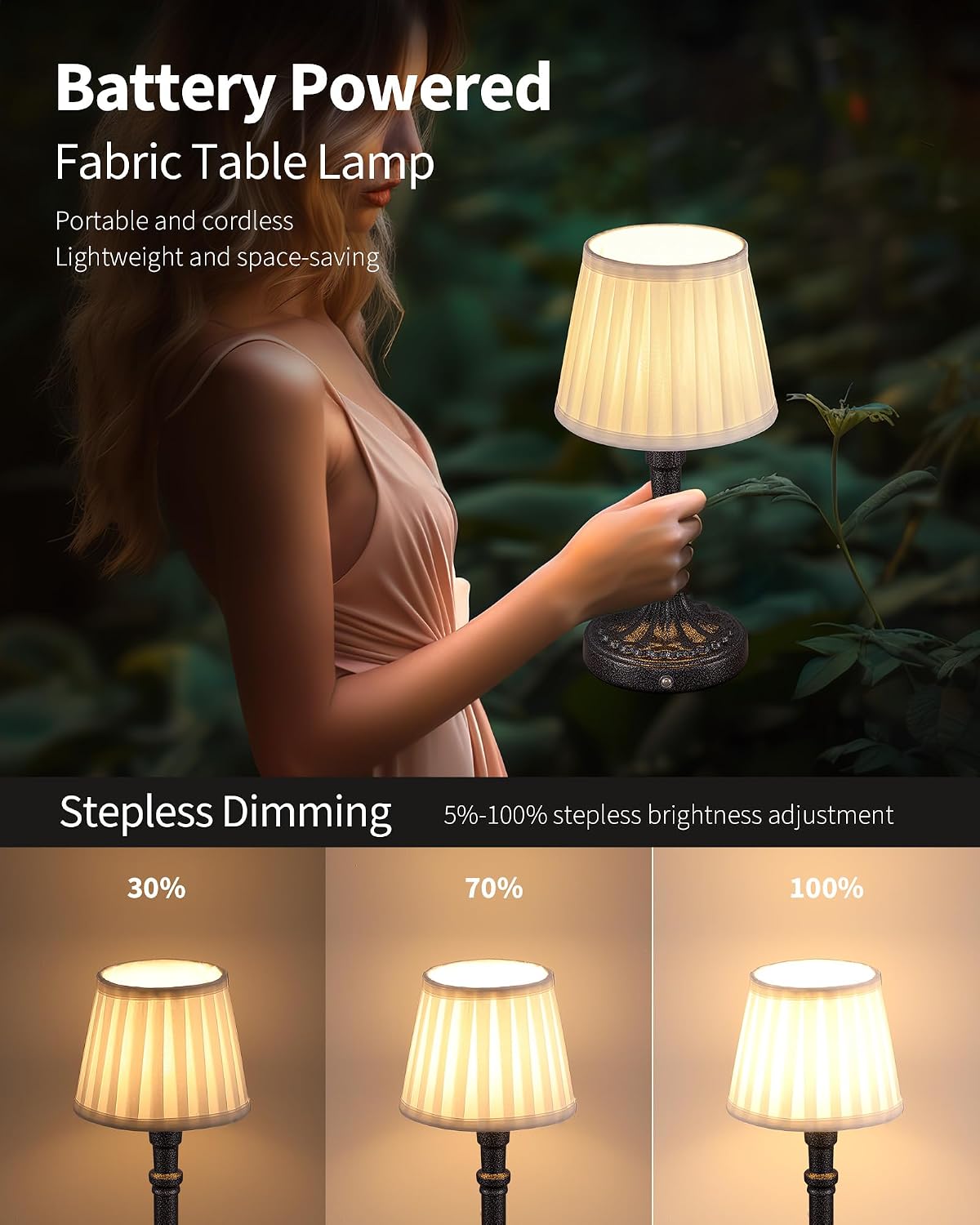 KDG Mottled Silver Cordless Table Lamps Set of 2, Beige Fabric Shade Light | 2700K Stepless Dimmable 4000mAh Battery
