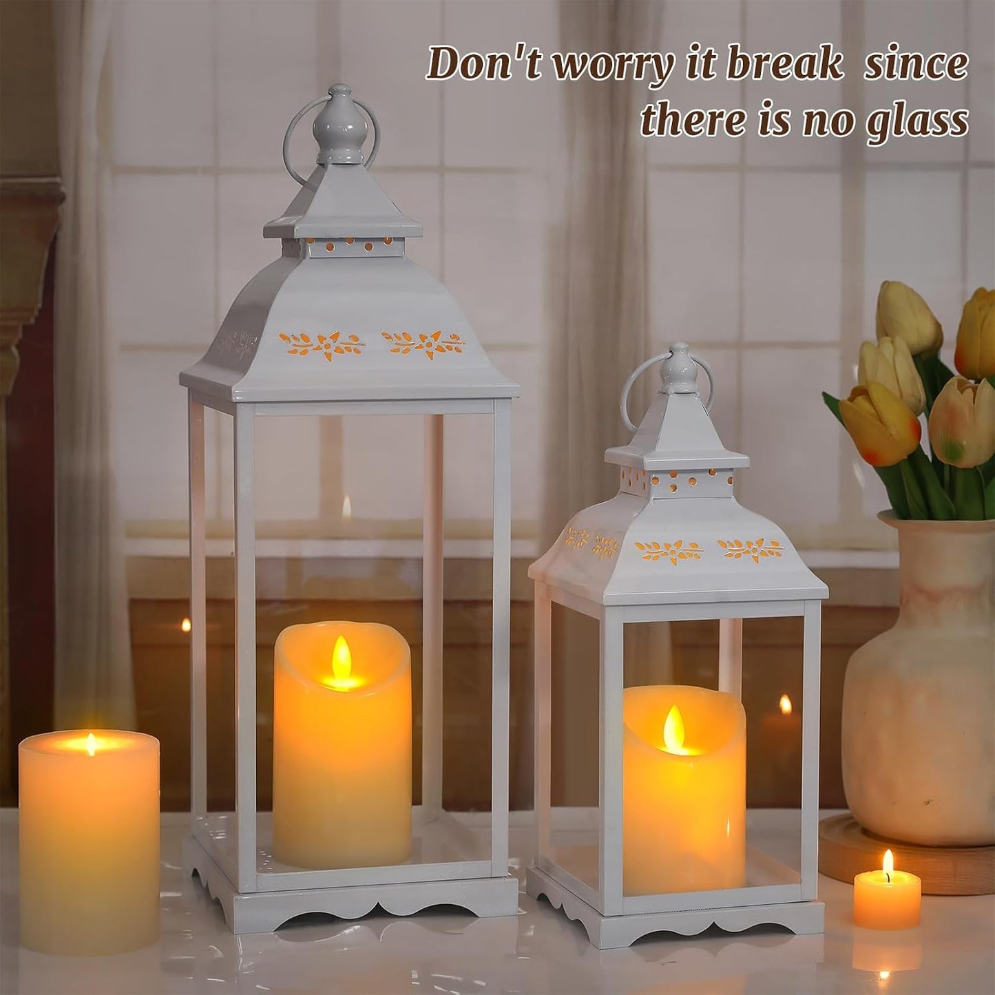Decorative Candle Lanterns Set of 2, White Metal for Indoor & Outdoor | Ideal For Porch, Entryway, Wedding & Christmas