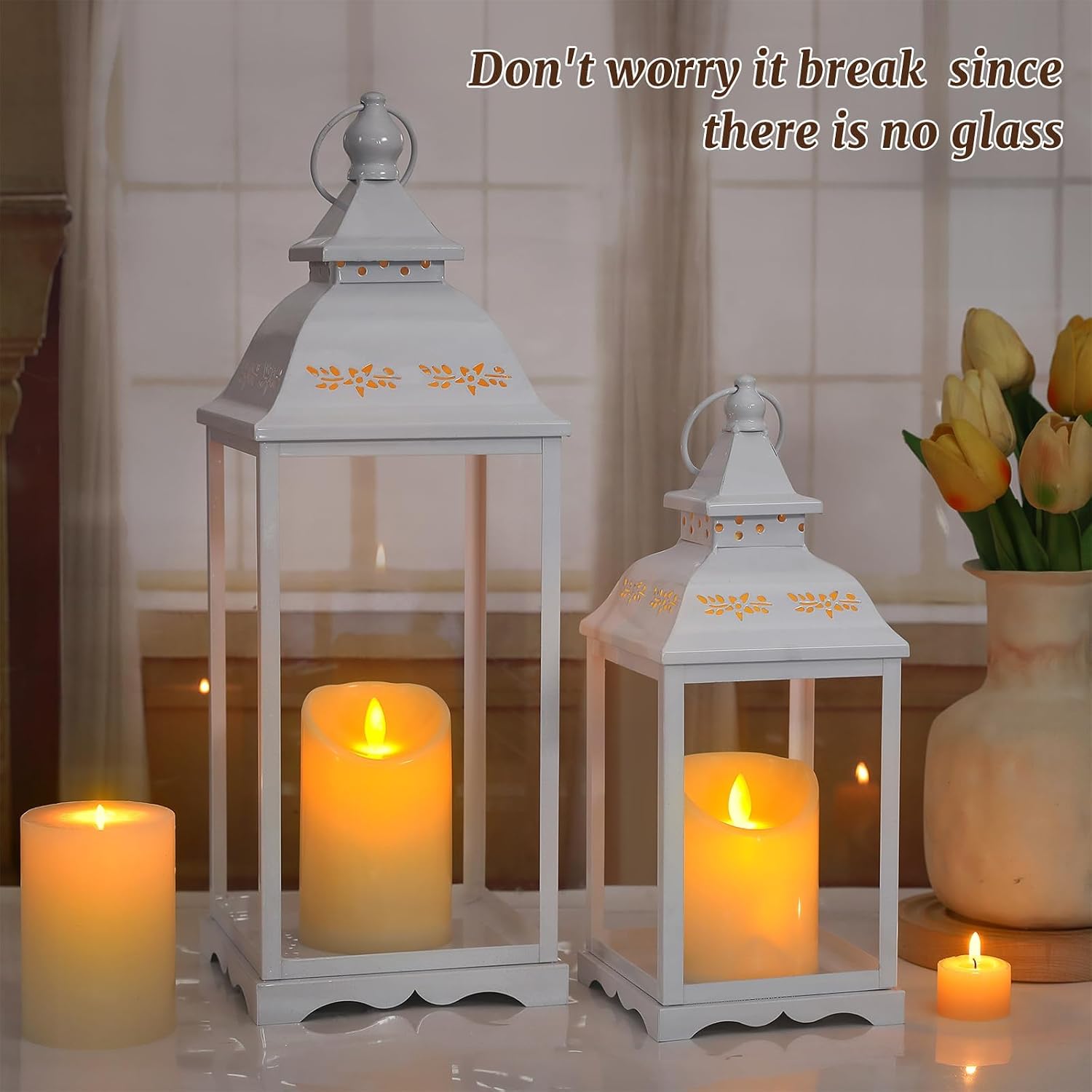 Decorative Candle Lanterns Set of 2, White Metal for Indoor & Outdoor | Ideal For Porch, Entryway, Wedding & Christmas
