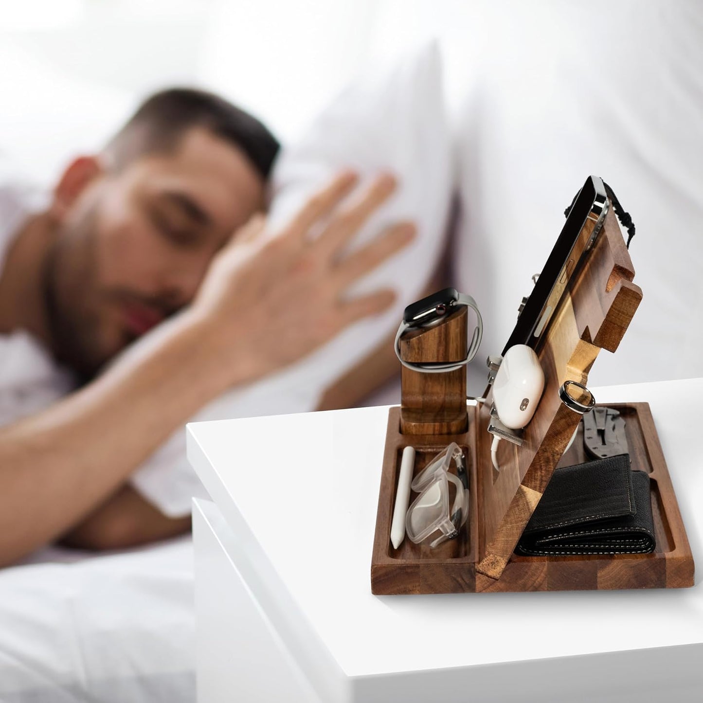 Wood Phone Docking Station for Men, Nightstand Organizer, Gifts for Him from Daughter Son Wife, Christmas Anniversary