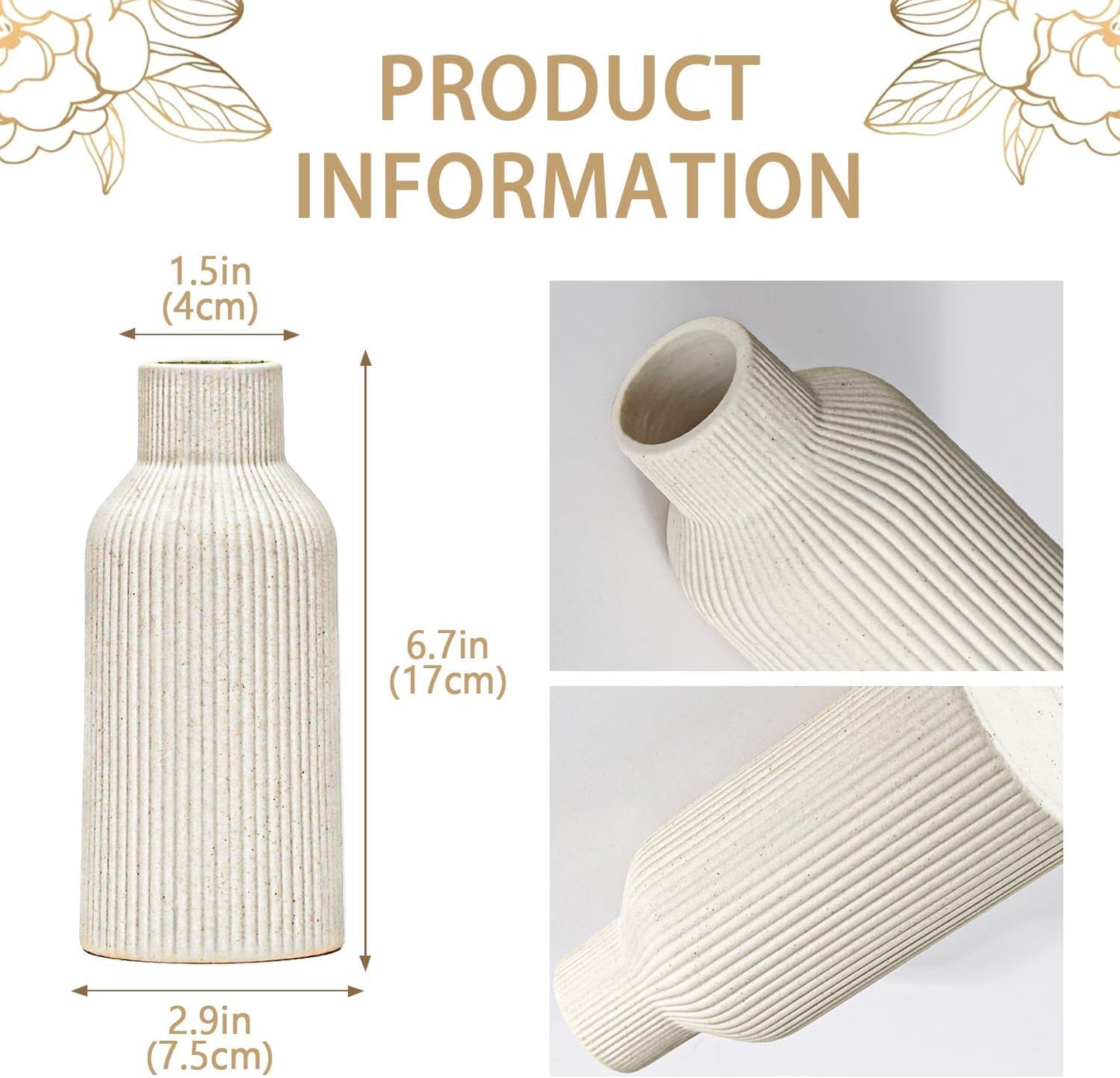 Bohemian Ceramic Vase / Beige / 7in