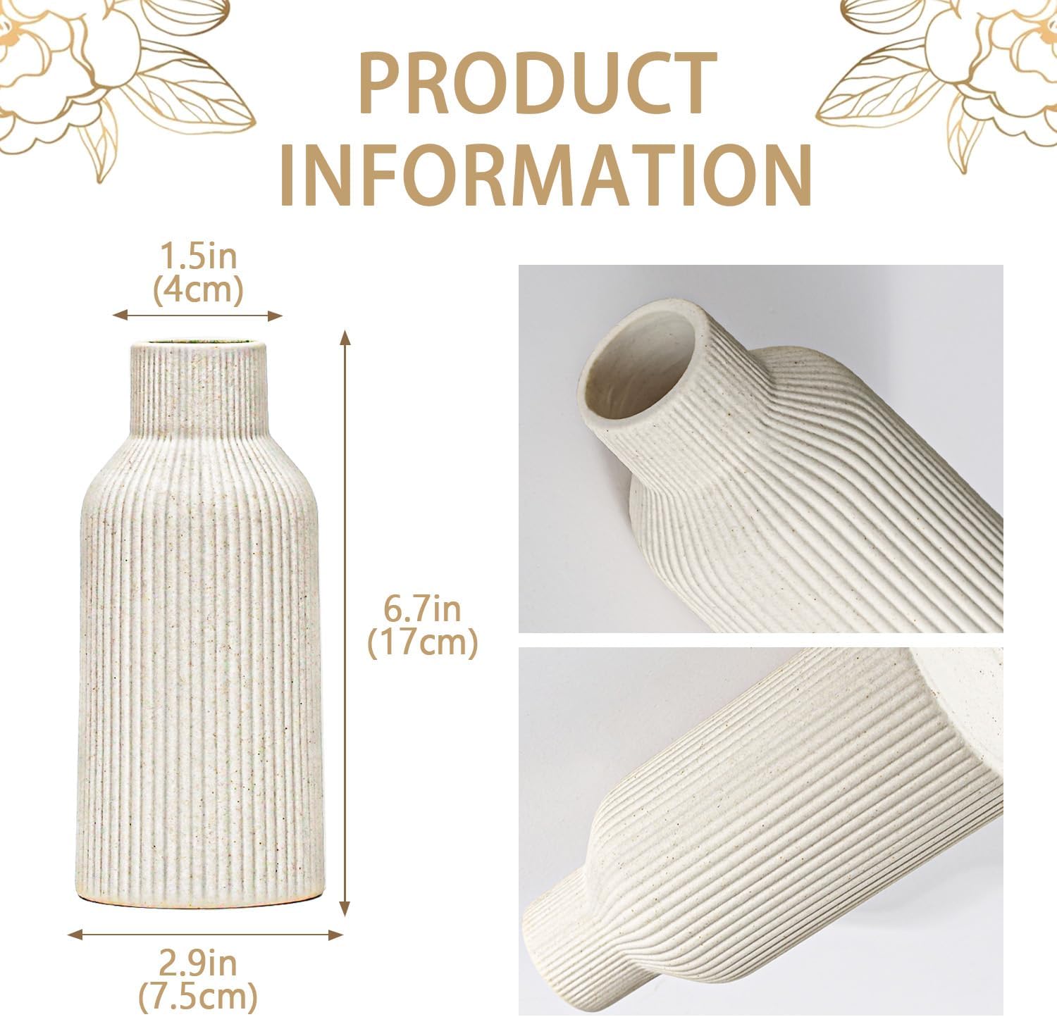 Bohemian Ceramic Vase / Beige / 7in