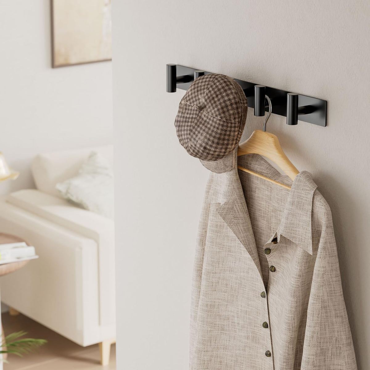 Black Wall Mounted Coat Rack – 5 T-Shaped Hooks on 16.5" Rail, (2 Pack) | for Hanging Hats, Bags & Towels, Heavy-Duty