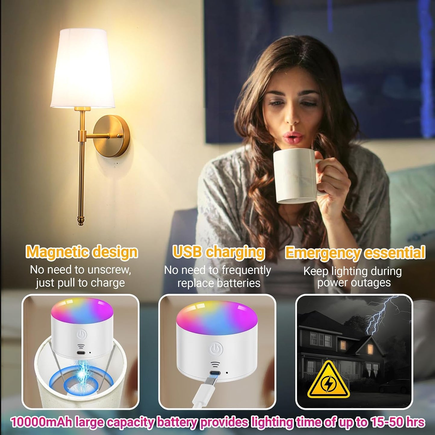 YHCDLAMP Battery Operated Wall Sconces Set of 2, Rechargeable Wireless Wall Lights with 10000mAh Magnetic Bulbs, Up to