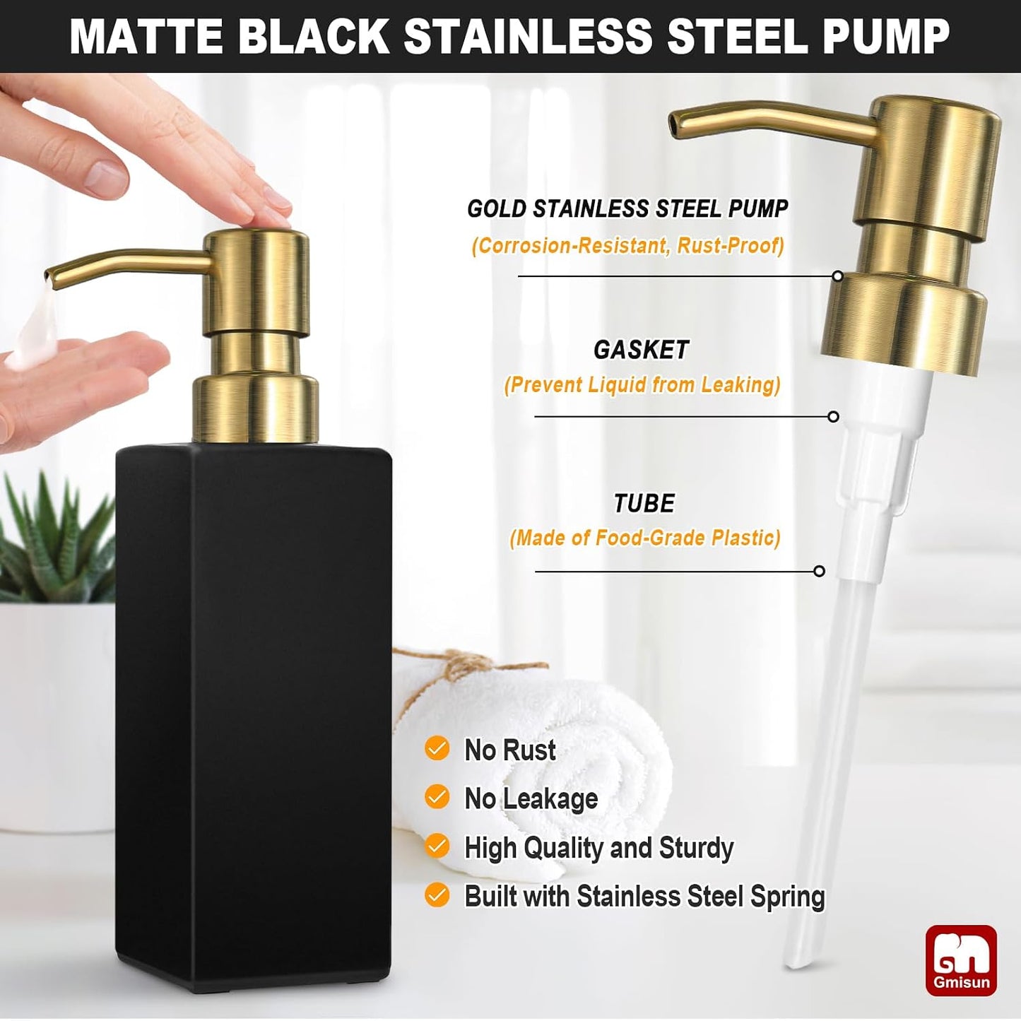 GMISUN Gold Soap Dispenser, Black Soap Dispenser Bathroom with Stainless Steel Pump, Hand and Dish Soap Dispensers Set