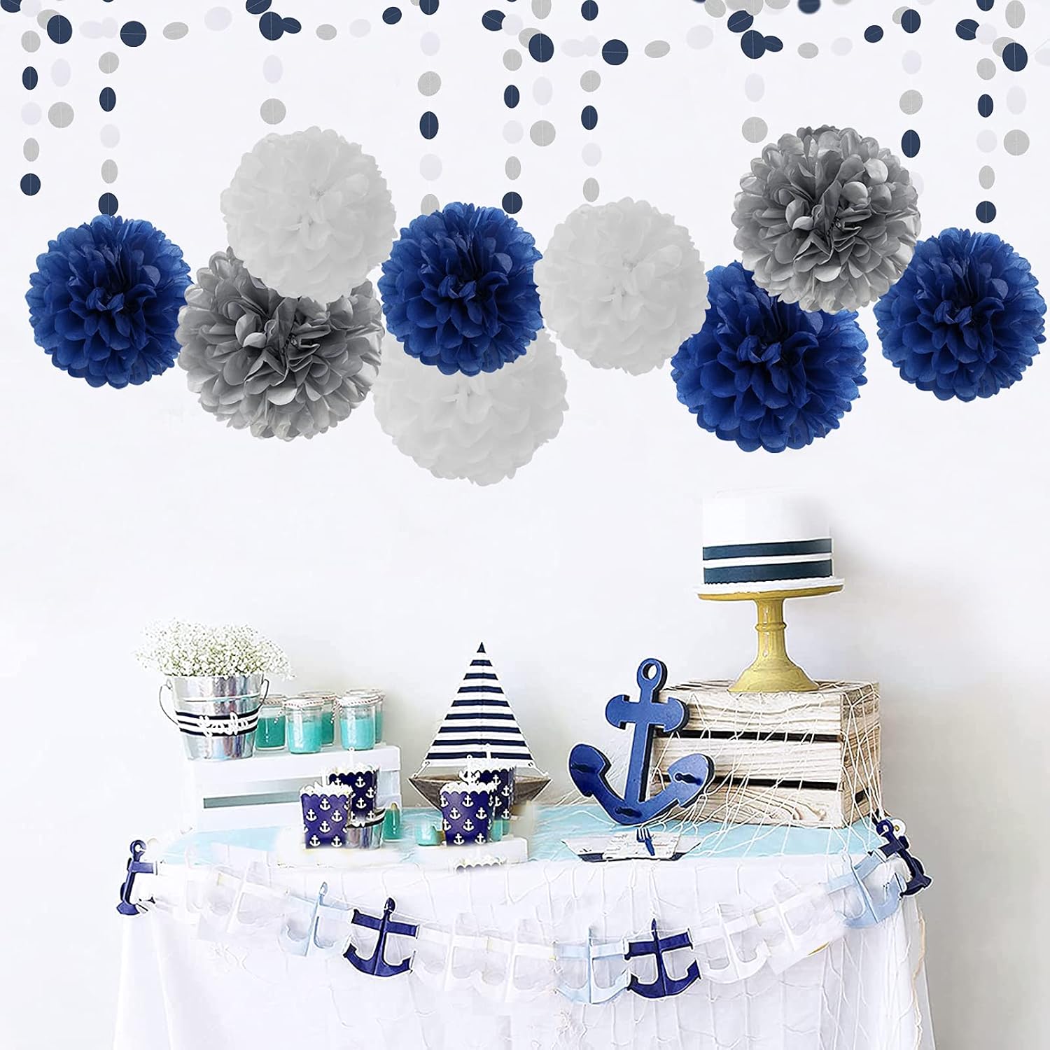 5 Size Party Decorations Paper Flowers / Navy Blue White Silver / Set of 15