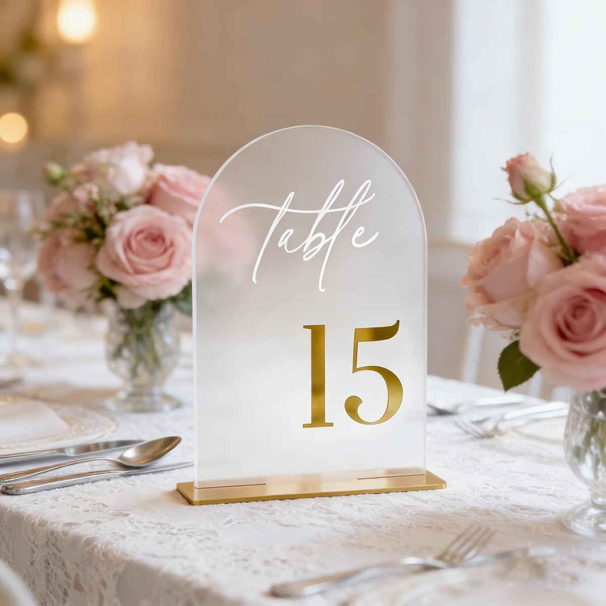 Frosted Wedding Table Numbers 1-15 with Stands - 5.5x7 Inch | Arch table Signs, Non-reflective, Elegant Gold 3D