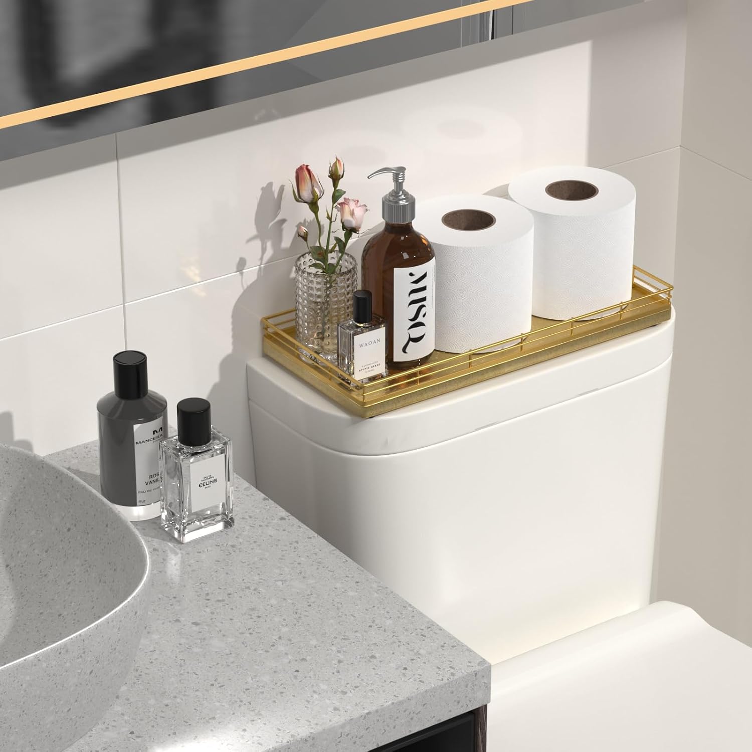 13" Wood Toilet Paper Storage Basket Back of Toilet Basket Organizer / All Golden / 13 x 6.5 x 1.5