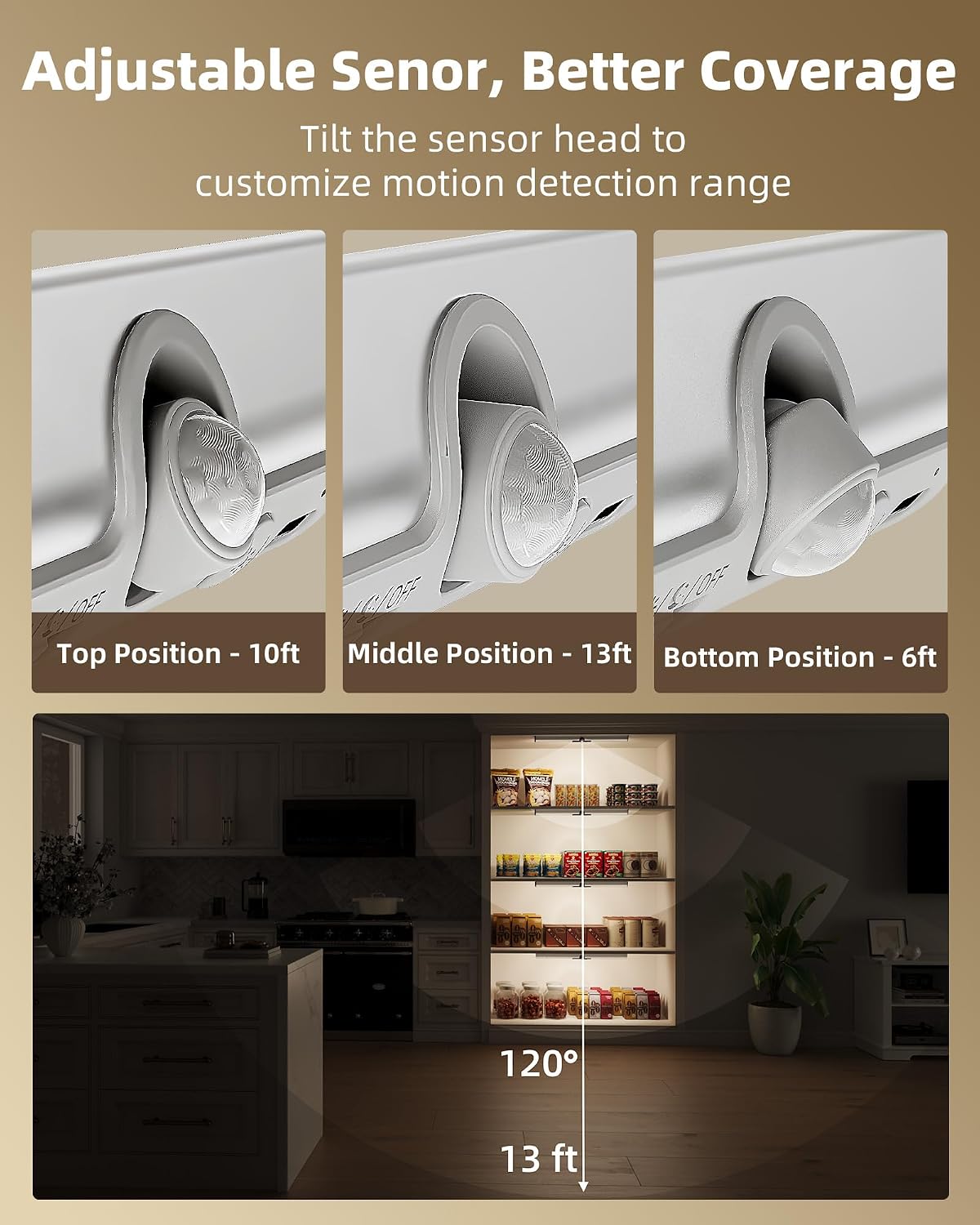 EZVALO 17in LED Motion Sensor Closet Light with Rotatable Sensor | 3600mAh Rechargeable Battery, 180 Lumens, No-Glare