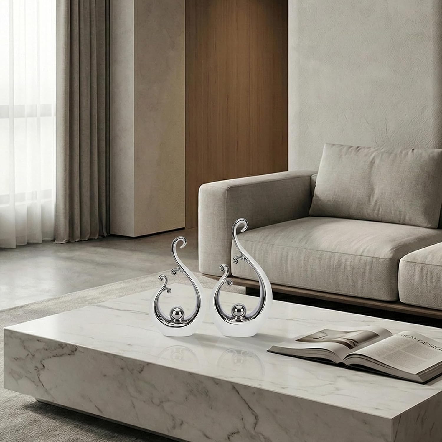 Glossy White and Silver Decor Ceramic Statue / White Silver / Small