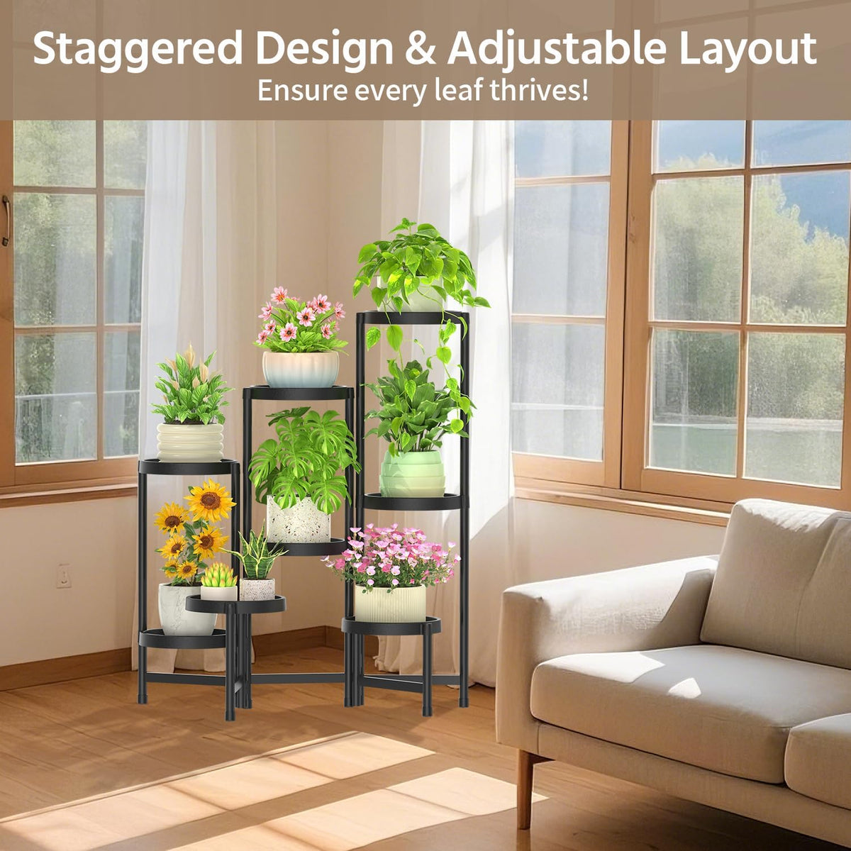 LASZOLA Plant Stand Indoor Outdoor Tall with Plastic Tray, 8 Tiers Black | Corner Folding Flower Display Rack, Modern
