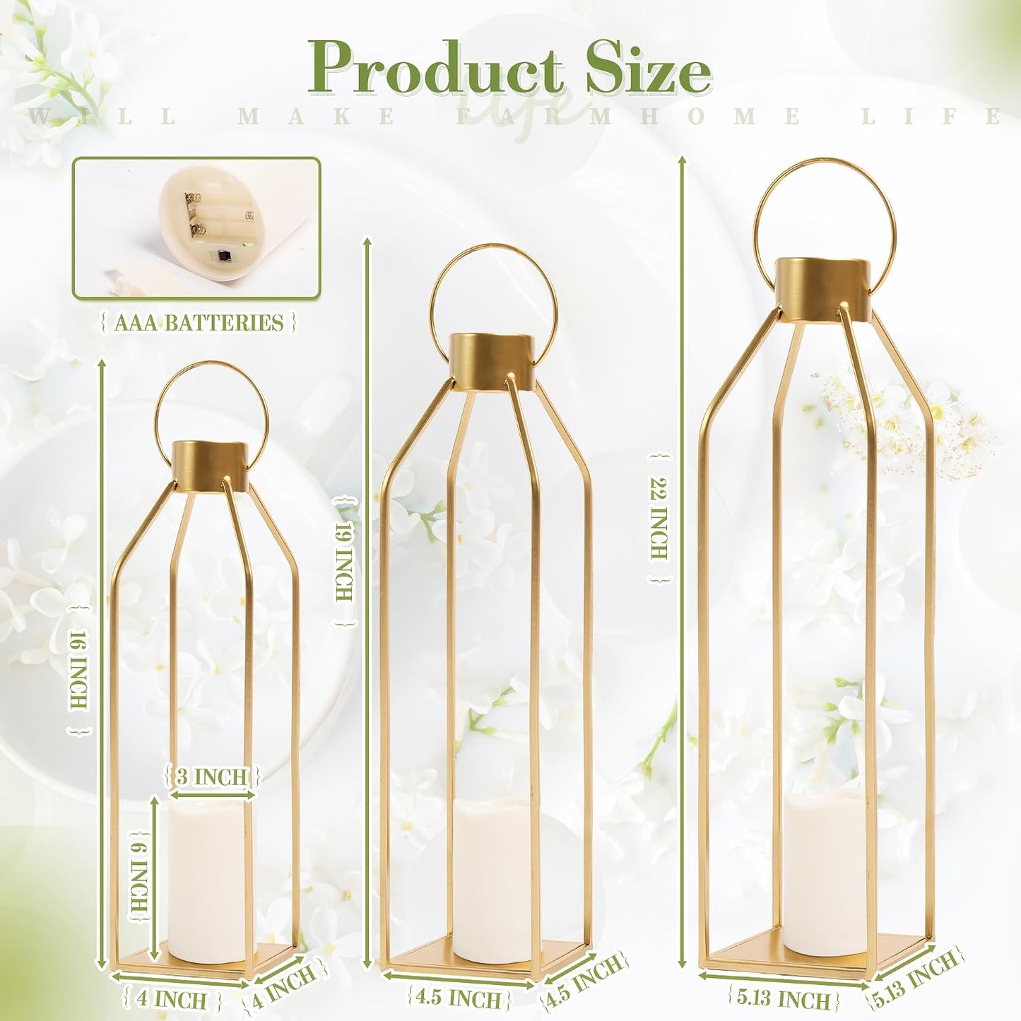HPC DECOR Modern Farmhouse Lantern Decor- 22''19''16''Tall Large Gold Metal Candle Lanterns for Home Decor-Lanterns