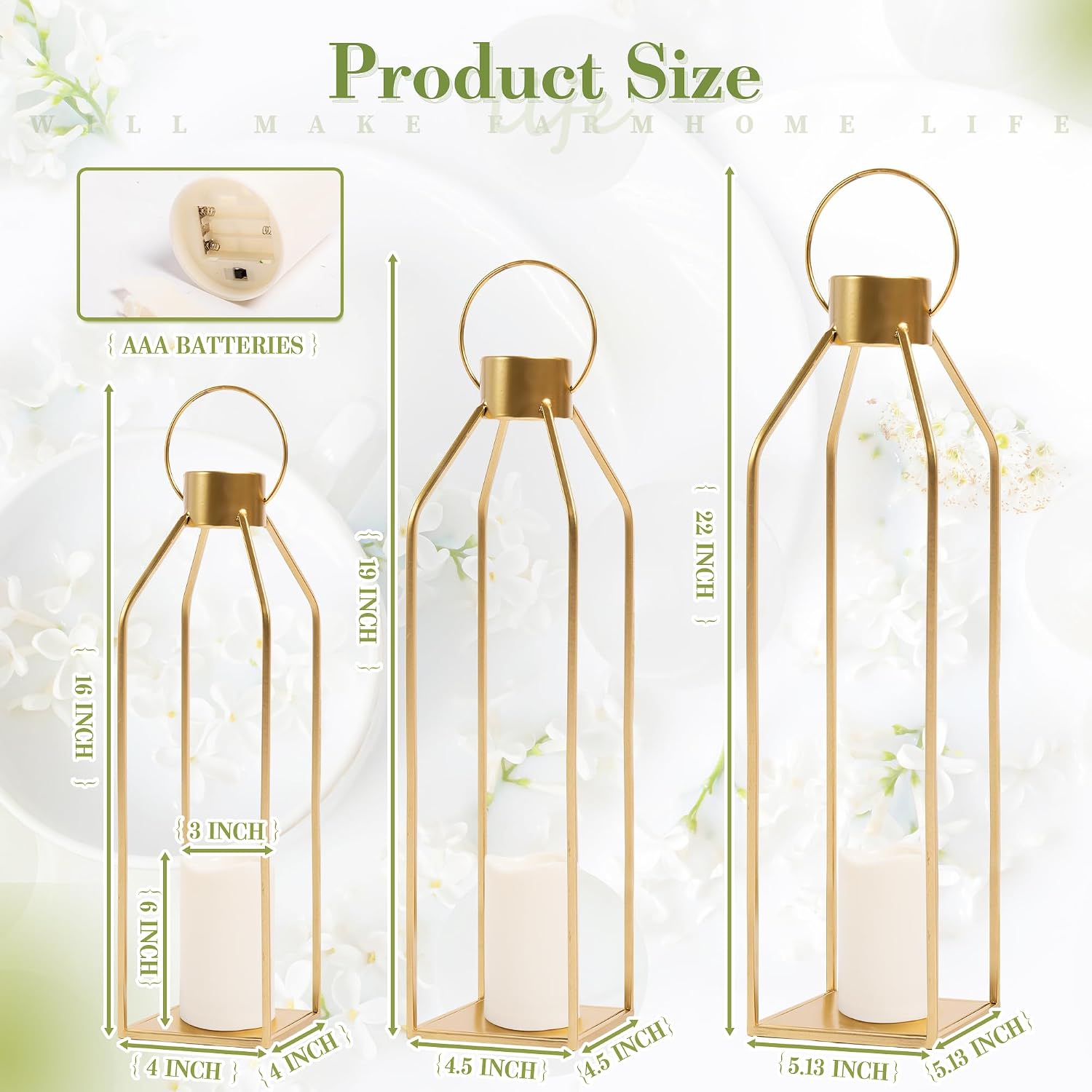 HPC DECOR Modern Farmhouse Lantern Decor- 22''19''16''Tall Large Gold Metal Candle Lanterns for Home Decor-Lanterns