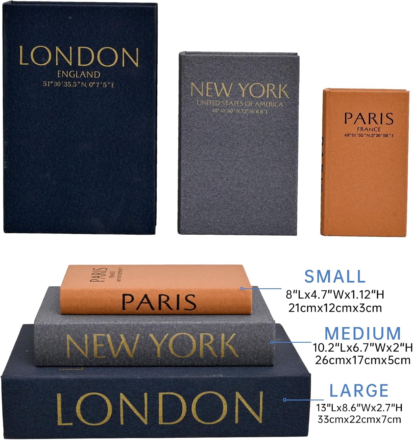 Faux Book Decor / Navy, Grey & Tan / Set of 13