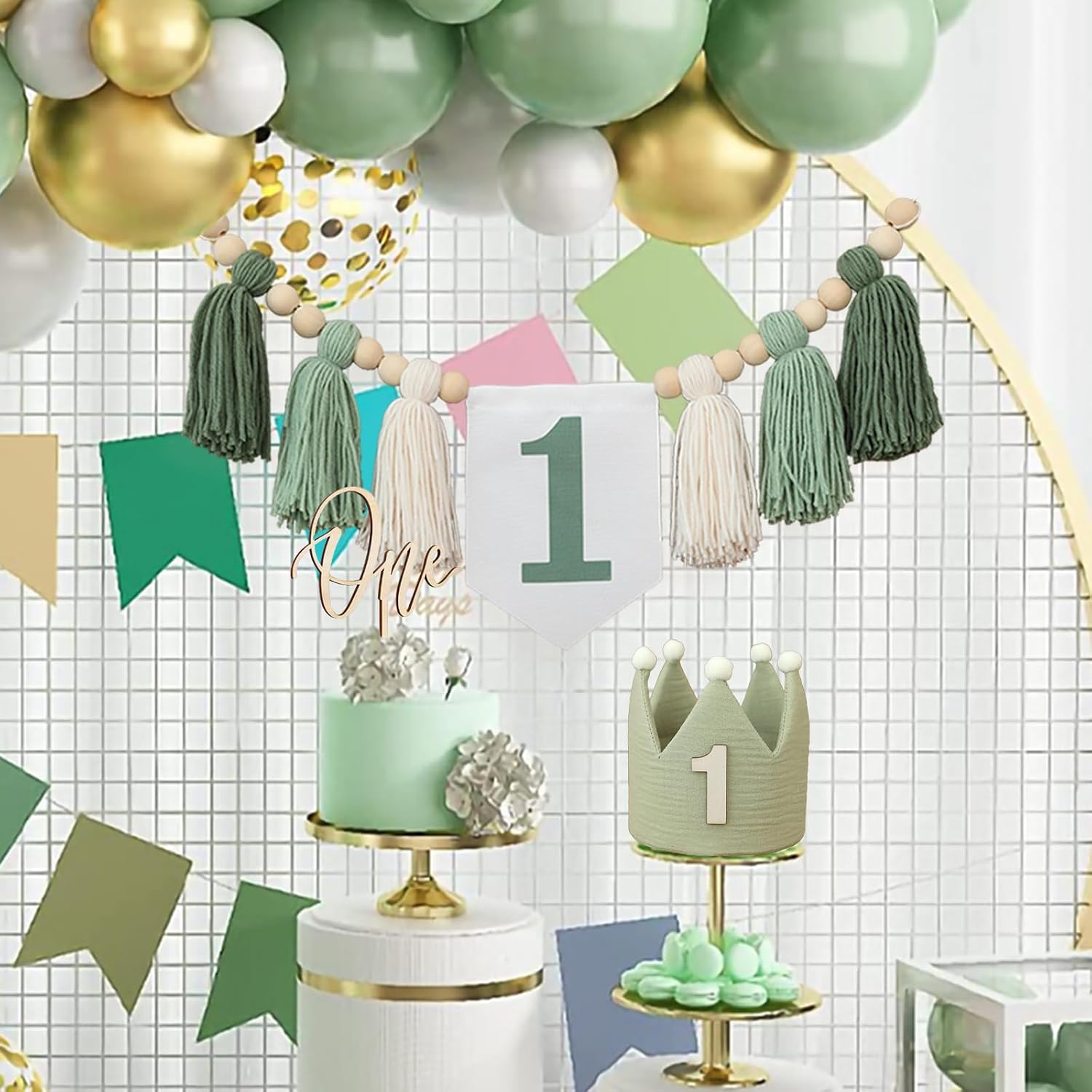 Wood Bead Tassel Garland Crown Hat Wooden Cake / Green