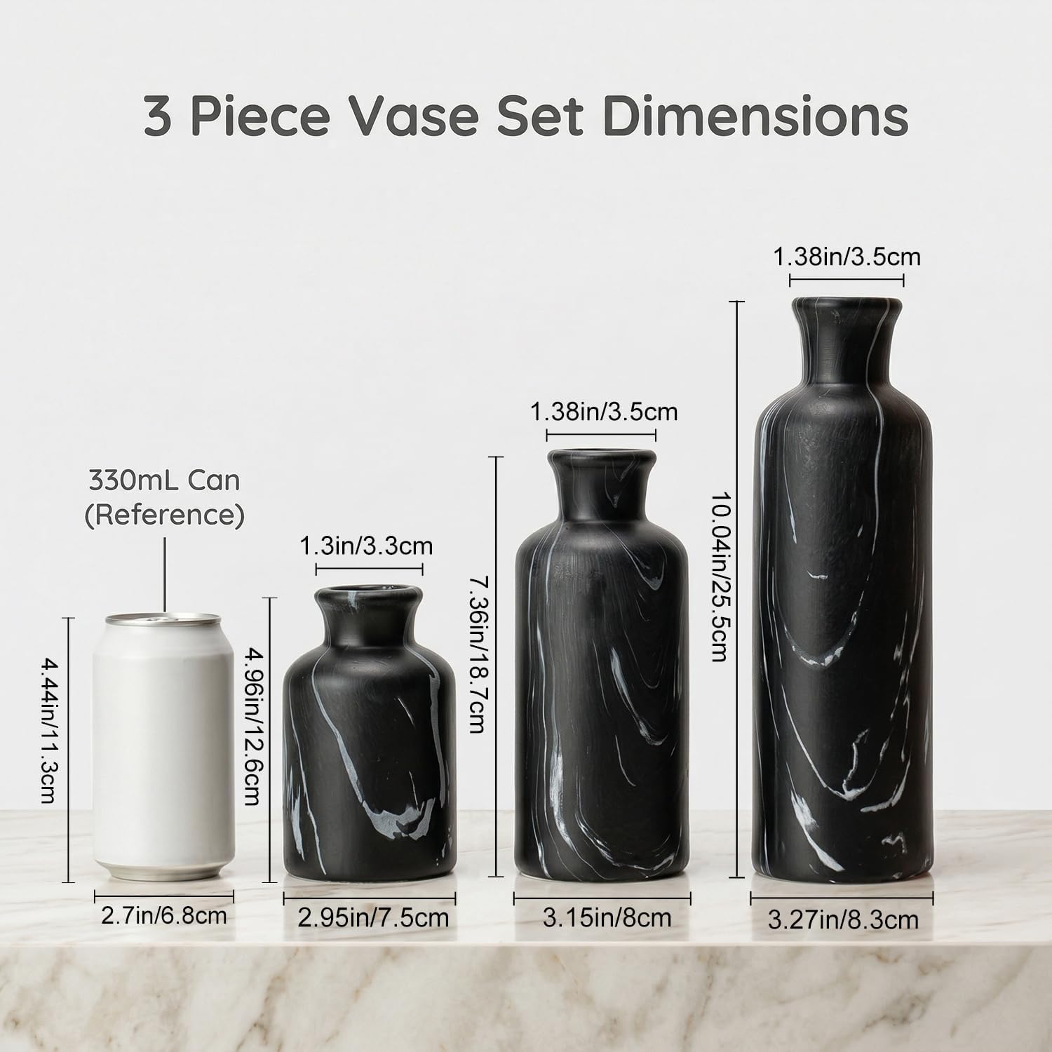 Modern Ceramic Flower Vase / 103-black Gray Marble / Set of 3