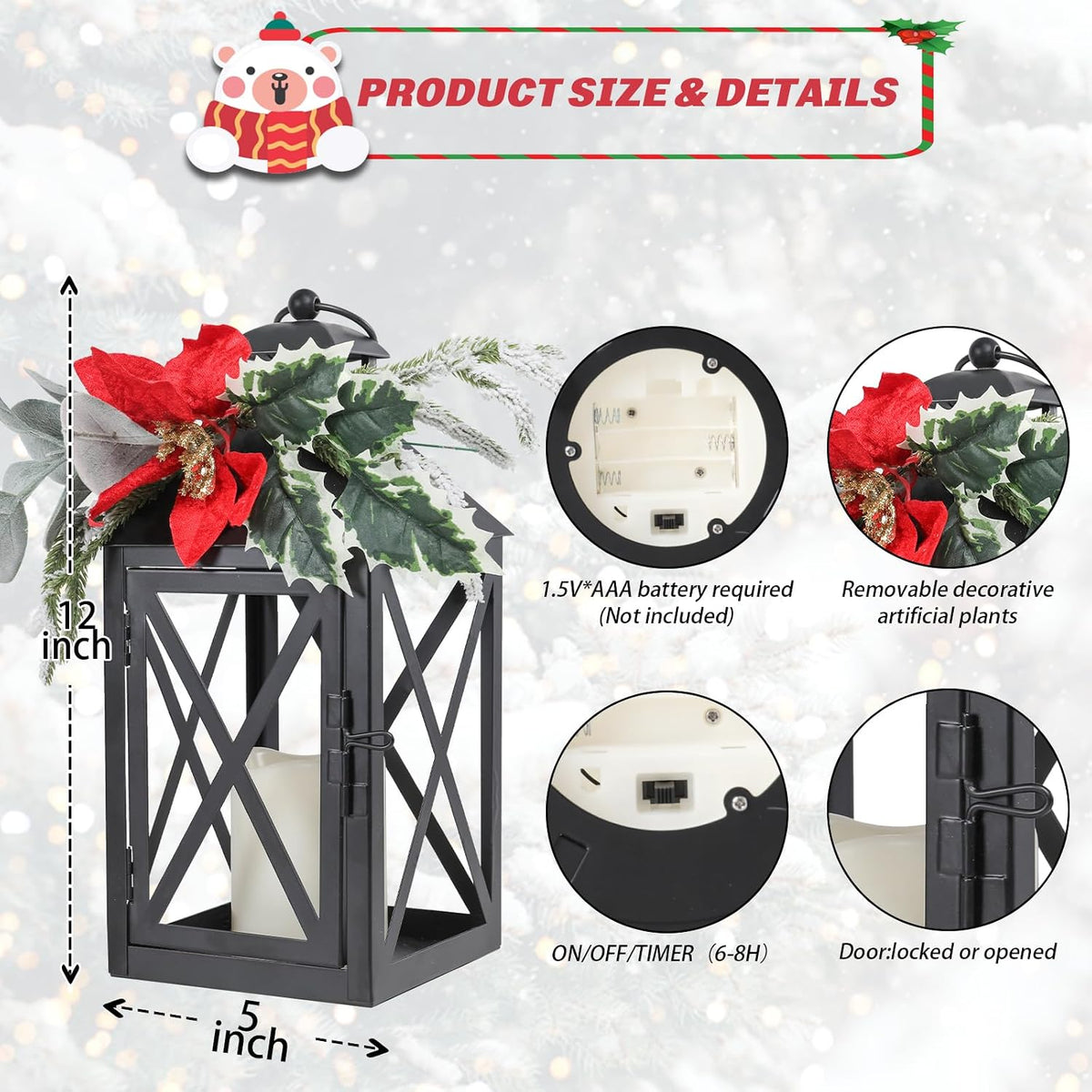Christmas Decorative Lanterns 2 Pack 12 Inch with Timer Candles Xmars Decor | 12 inch black metal Christmas lanterns