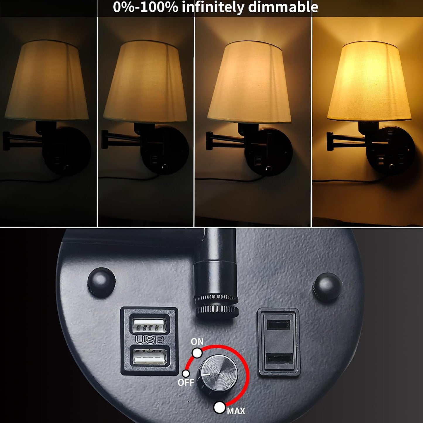 Wall Lamp Plug in with USB and 2 Pin Socket,Wall Mount Lights That Plug in Cord and Switch,Wall Mount Lights for