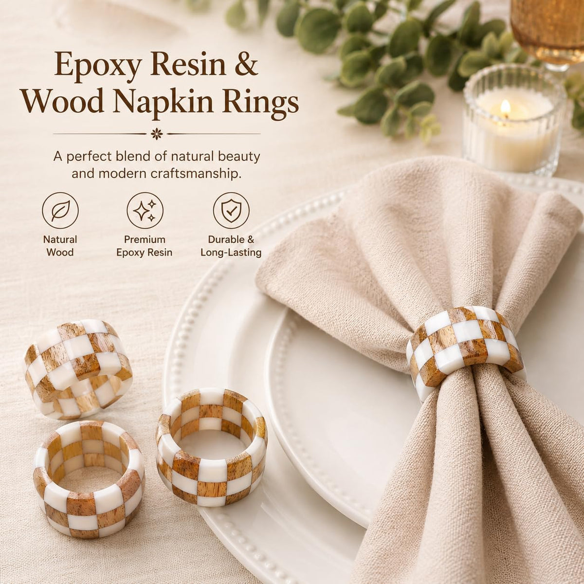 Resin & Wood Napkin Rings, Set of 8, White | 2x2x1 in each, epoxy resin & natural wood, moisture-resistant