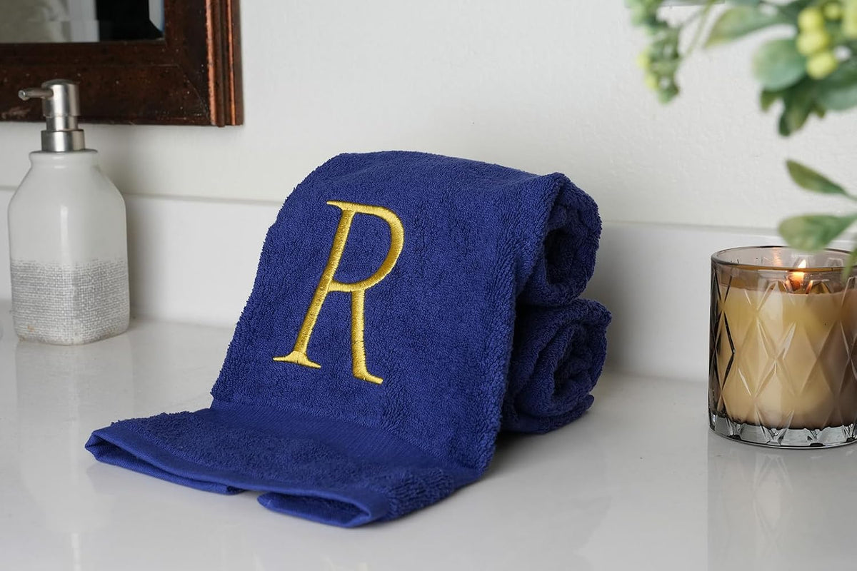 Navy with Gold Monogrammed Hand Towels for Bathroom - Set of 2 Letter R | Luxury Hotel Quality Initial Towels For