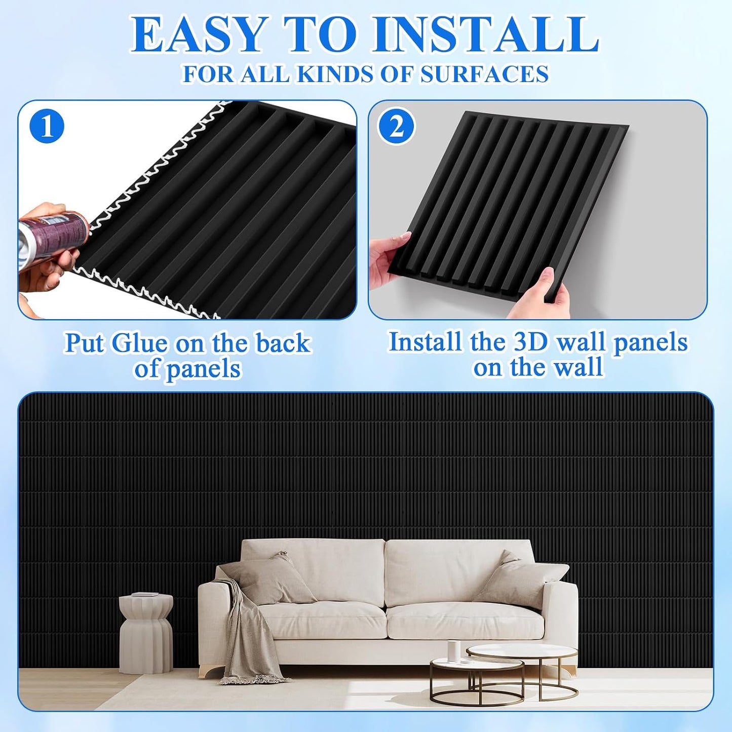 Nuanchu 32 Pcs 3D Wall Panels, 12"x12" PVC Fluted Tiles, Black | Waterproof Accent Panels, Paintable Wall Tiles, for TV