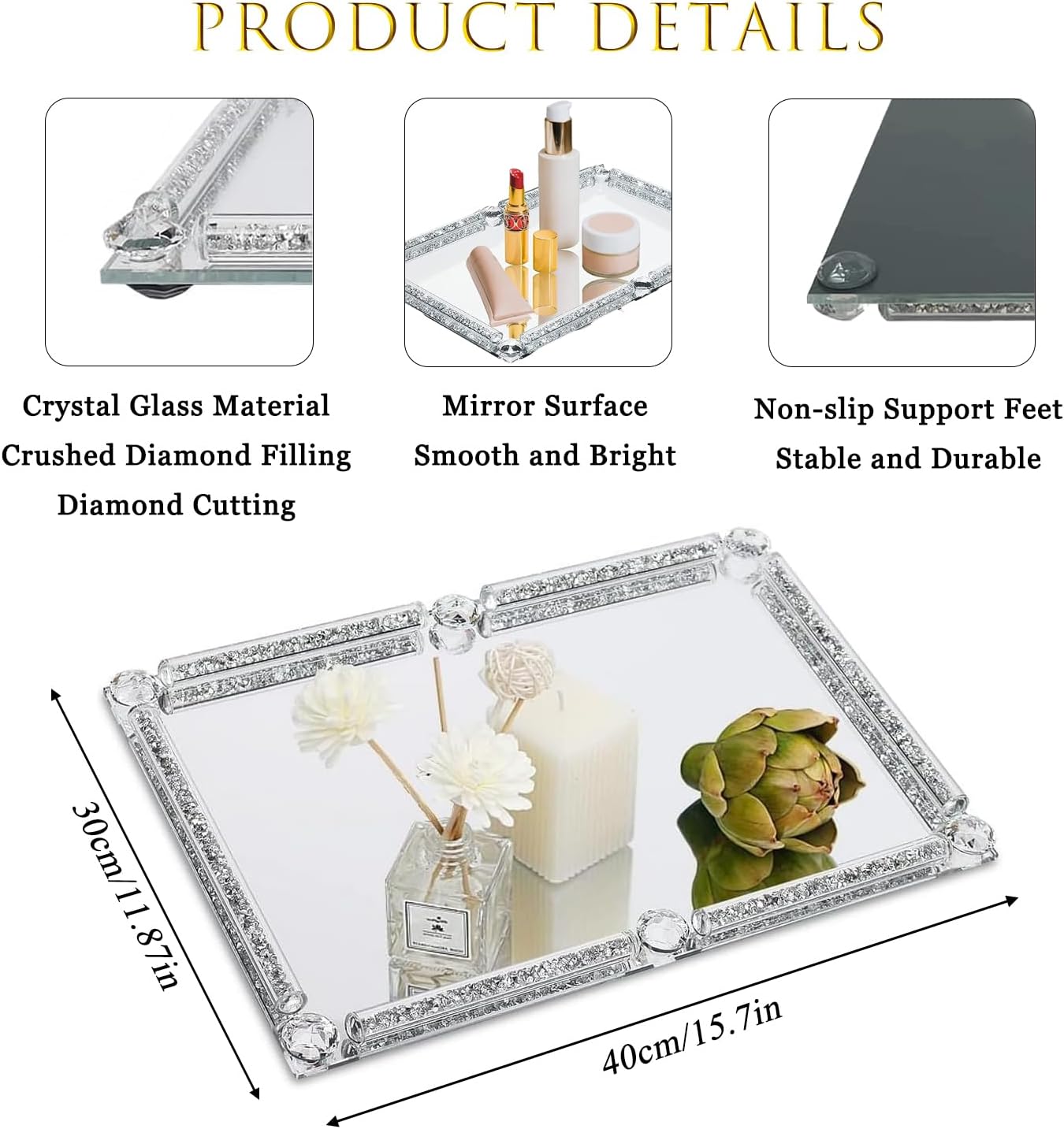 Silver Glass Mirror Vanity Tray Noble Jewelry Trinket Display Tray / Big Silver / 15.7 x 11.8