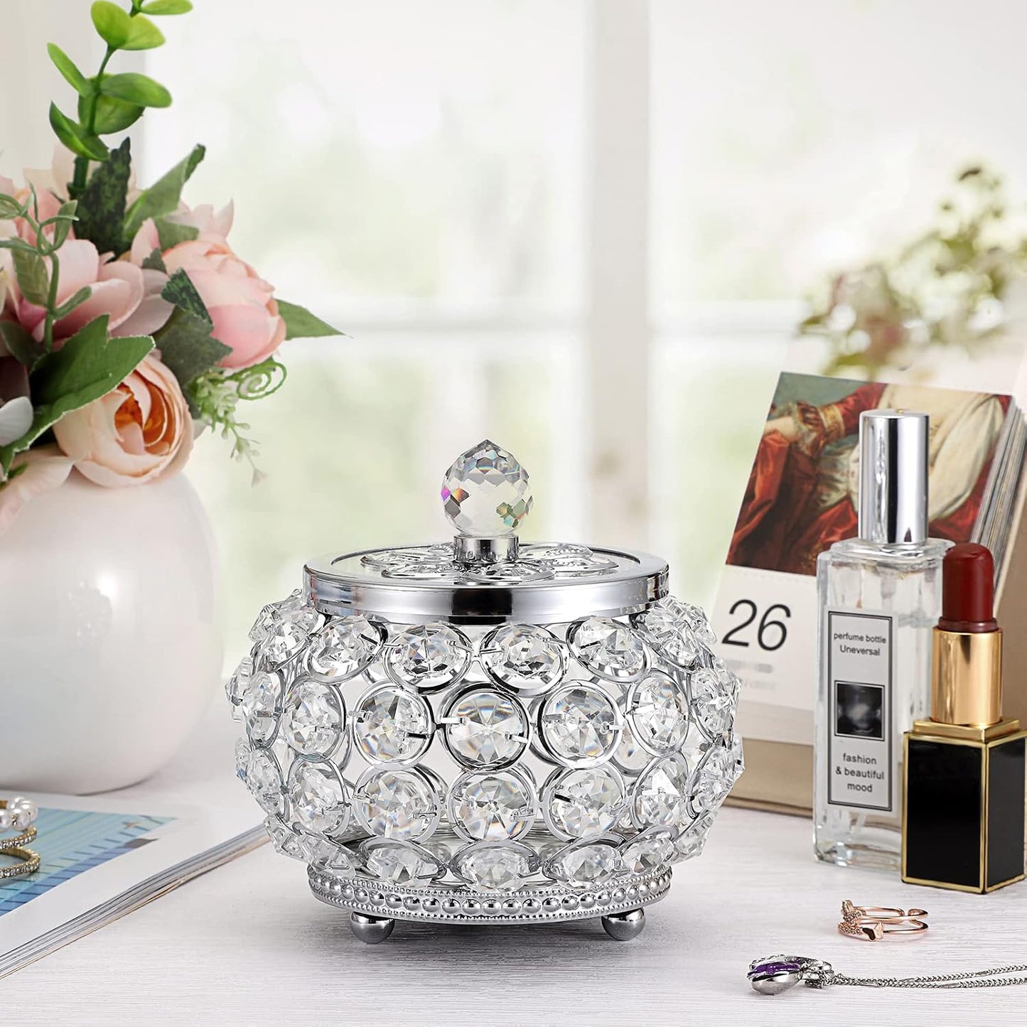 Glass Lid Trinket Organizer Mirrored Treasure Box Ring Holder Earrings Necklace / Small / Silver