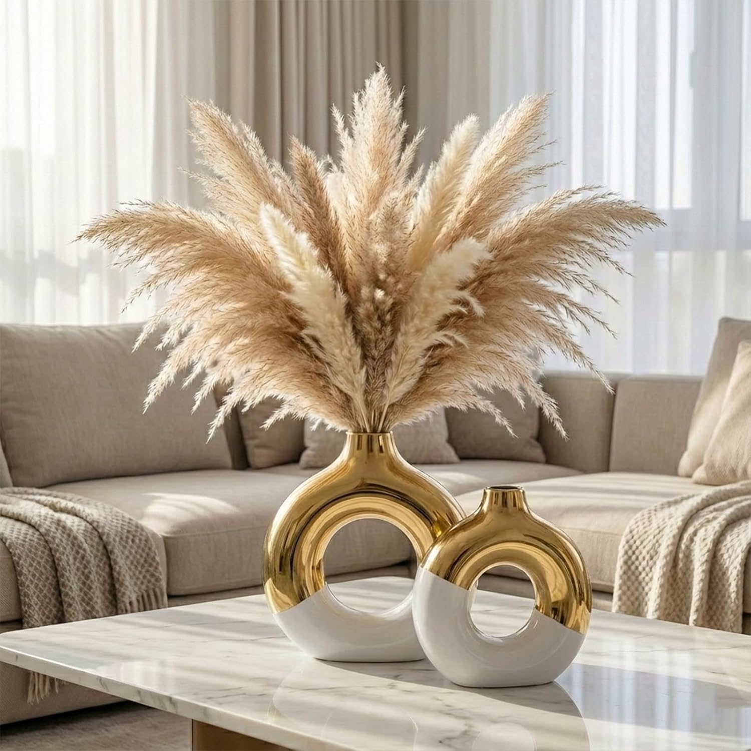 Modern Matte Ceramic Vases for Entryway Living / White and Gold / Set of 2