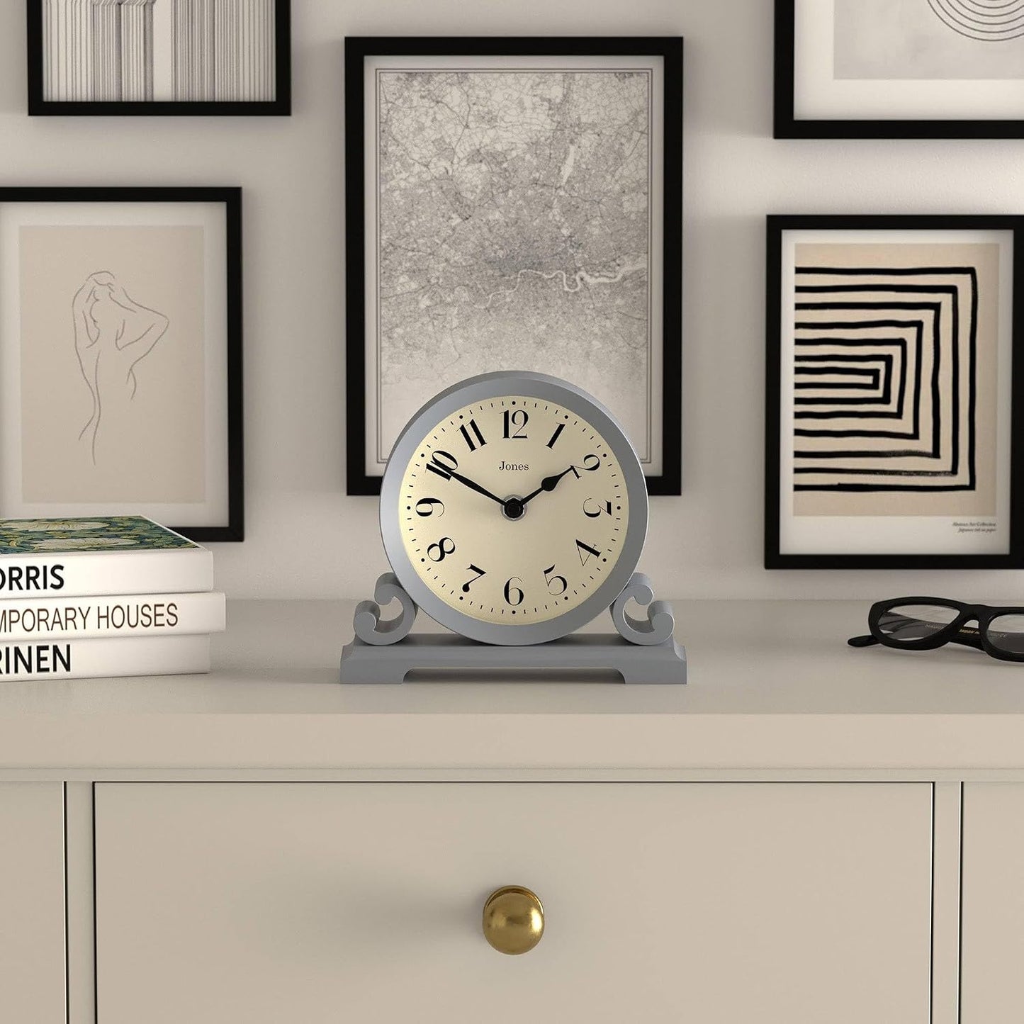 JONES CLOCKS® Saloon Mantel Clock | Small Traditional Double Scroll Design | French Navy | Contemporary Classic Style