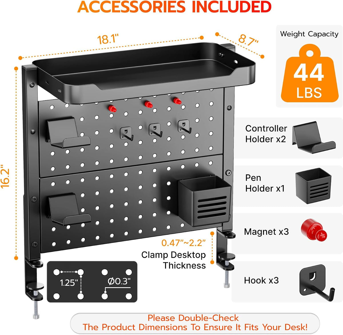 ARES WING Desk Clamp On Pegboard with 16 inches Organizer Shelf, Black | Adjustable Above or Under Desk Storage Shelf