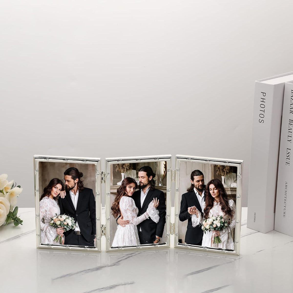 YiPinYin Elegant Silver Plated 4x6'' Hinged Triple Metal Picture Frame,Bamboo Detail Designs,with Real Glass & Soft
