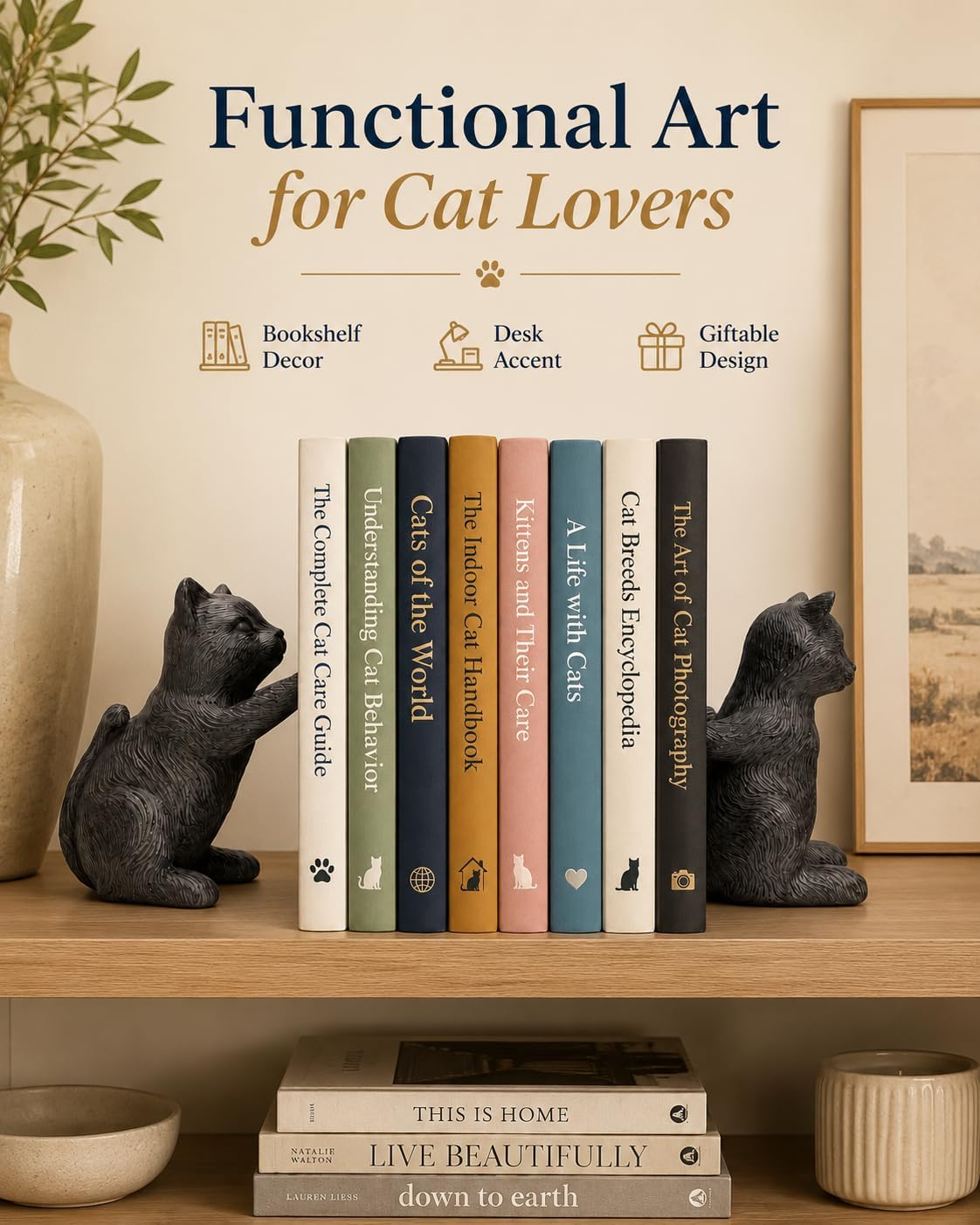 Resin Bookends / Decorative Bookends / Cat / Black / Set of 2