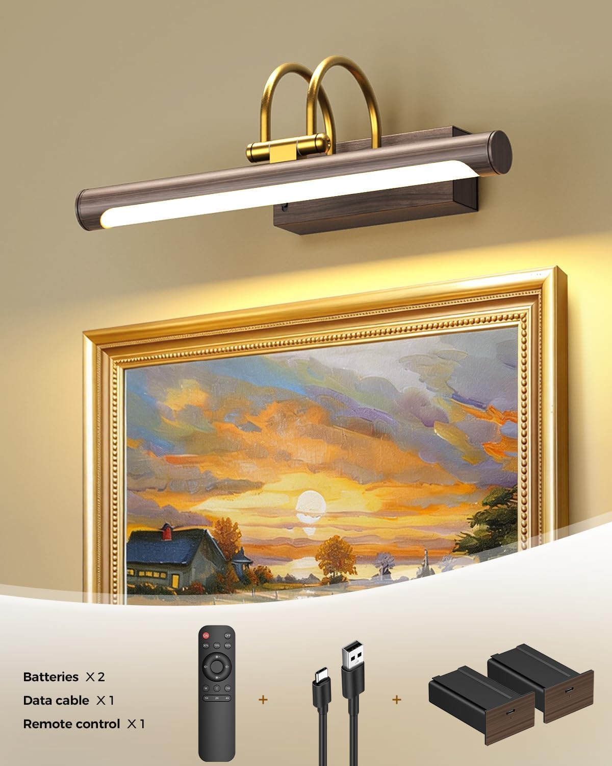Picture Light, 12.6″ Wireless Battery Operated Rechargeable LED Wall Light with Remote, Dimmable Art Light with Timer