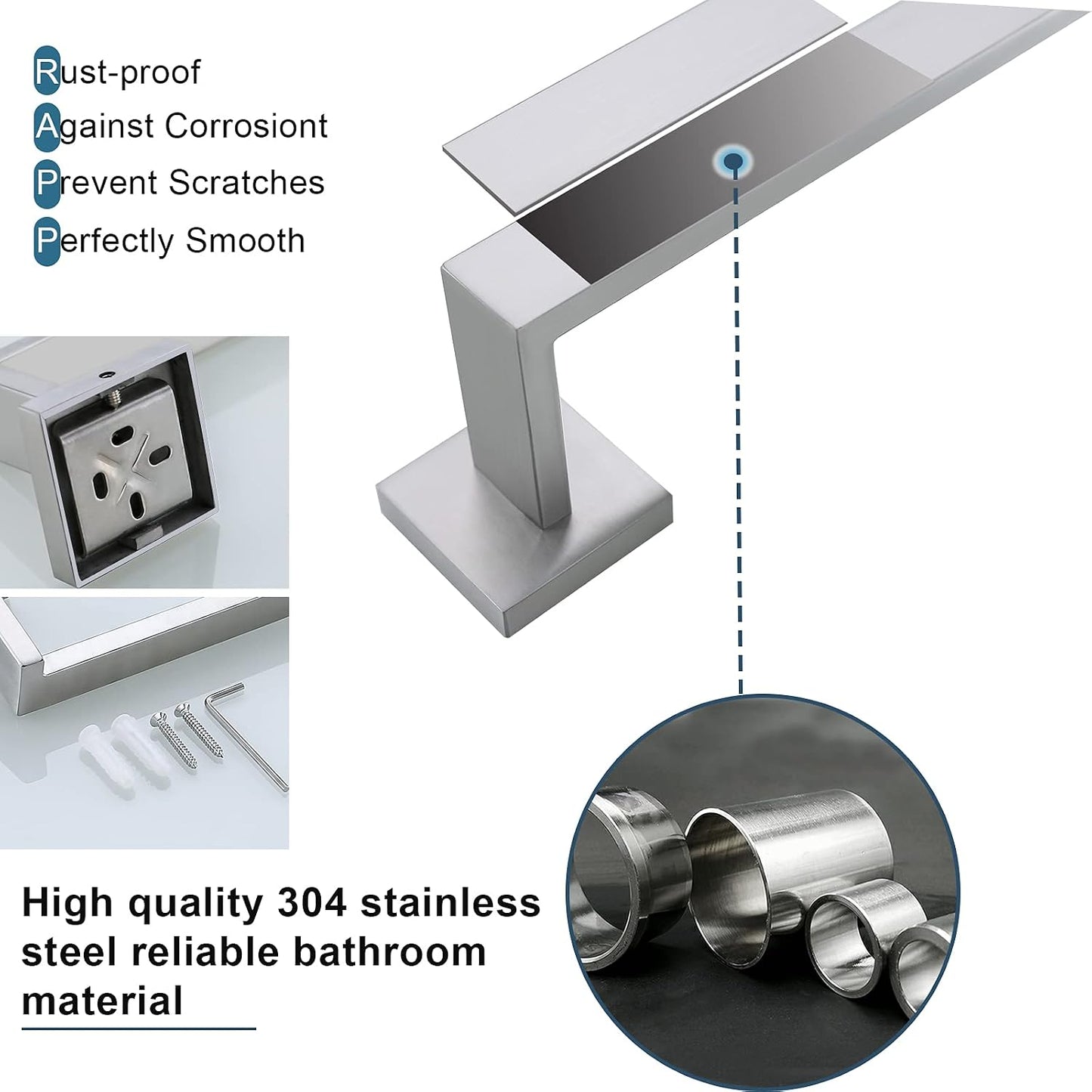 Brushed 4-Piece Bathroom Hardware Set Premium Stainless Steel Bath Towel Bar Sets Wall Mounted Square Bathroom