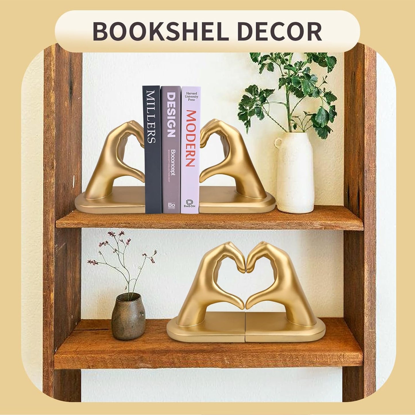 Decorative Bookends / Heart Hands Book Ends Sculpture Aesthetic Decor / Gold