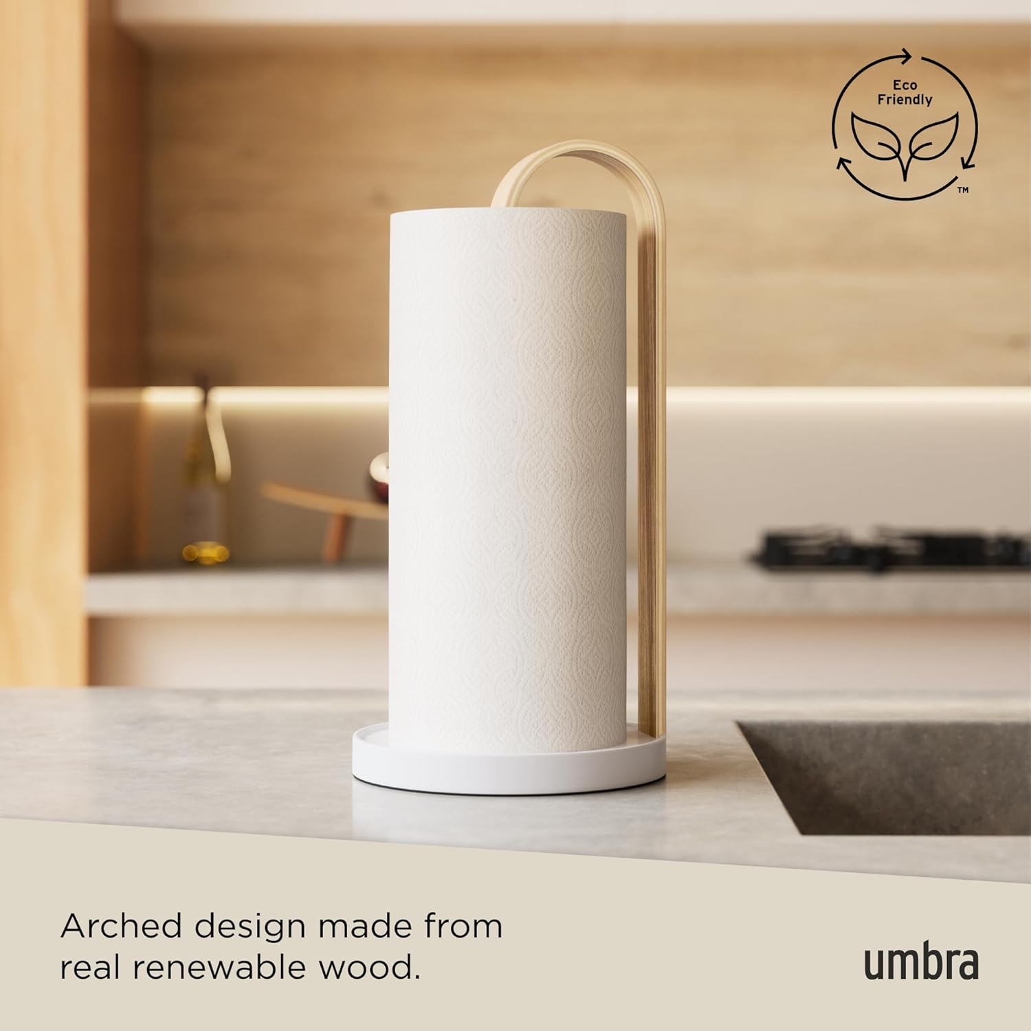 Umbra Bellwood Paper Towel Holder, Wooden with Weighted Base, White/Natural | Freestanding design, protects