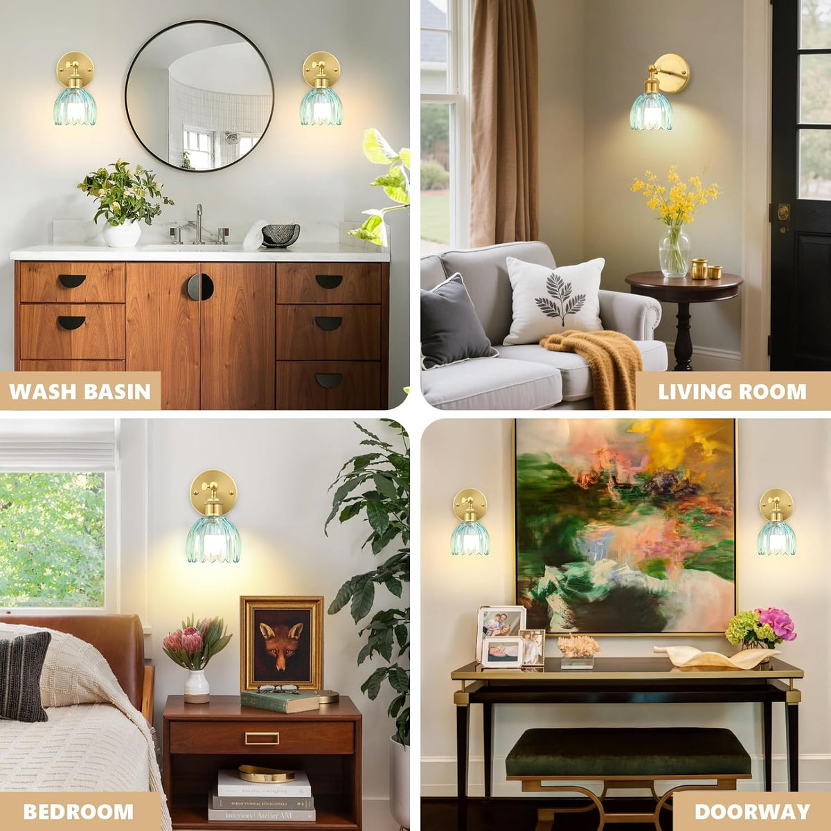 Vintage Battery Operated Wall Sconce, Sky Blue Tulip Glass Lampshade Wireless Rechargeable Battery Powered LED Wall