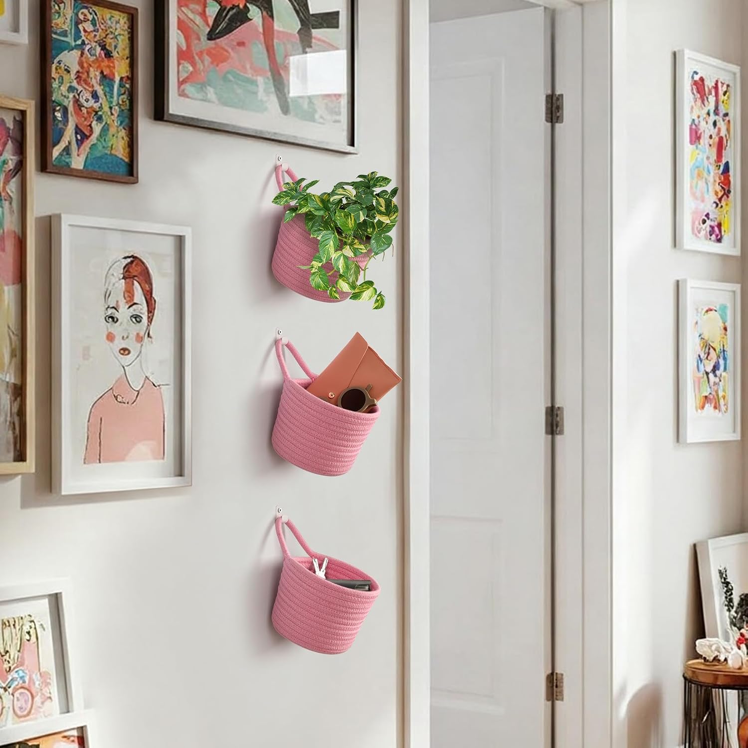 Adhesive Hooks / Storage Organizers / Bright Pink & White / Set of 3