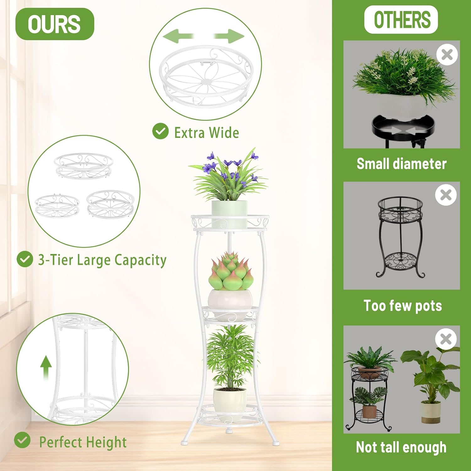 iDavosic.ly 3 Tier Metal Plant Stand Outdoor Indoor, 34 Inch Tall, White | Corner Flower Pot Holder Shelf, Wrought Iron