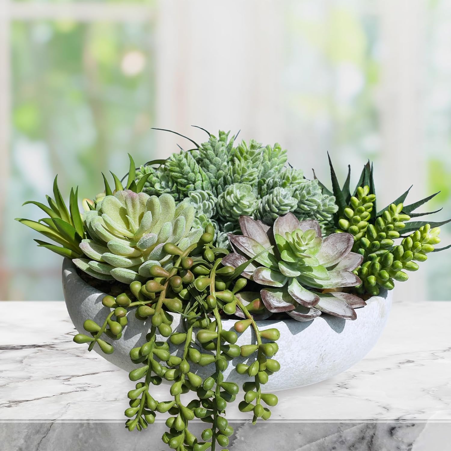9" Artificial Succulent Arrangement Succulent Plants in Gray Round Planter Faux Potted / Grey