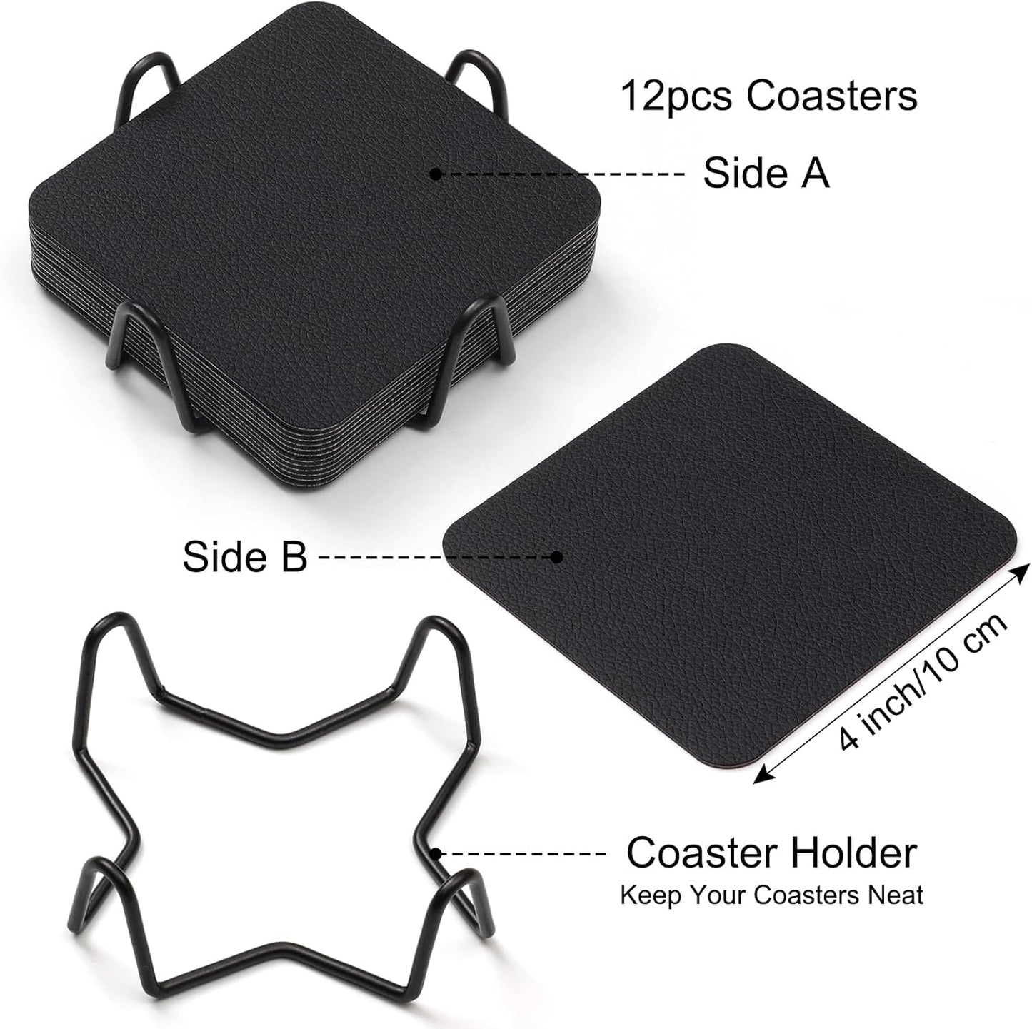 Coasters Glass Coasters Double Sided Faux Leather Coaster Waterproof / Black / 4 Inch / Set of 12