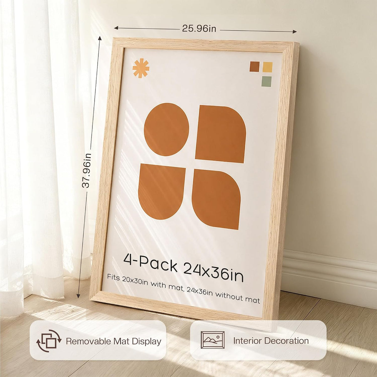 Abtgt Solid Wood 24x36 Poster Frame, Gallery Wall Frame Set of 4, Natural | Display 20x30 with Mat or 24x36 without