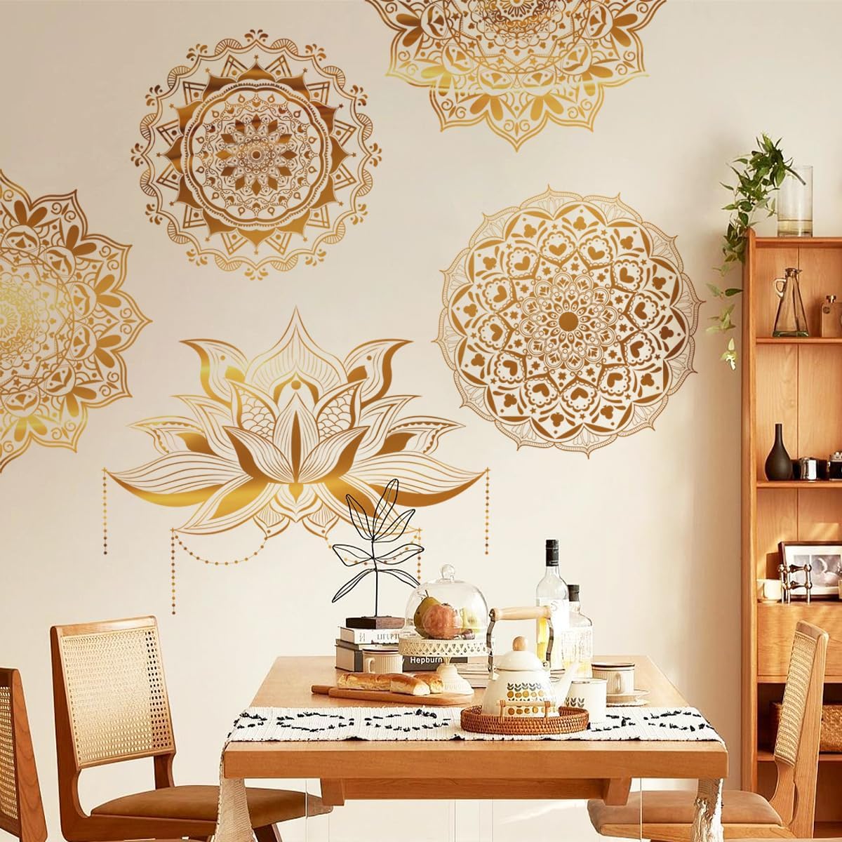 Mandala Wall Stickers Boho Large Lotus Floral Wall Decal Peel and Stick Bedroom Living Room / Gold