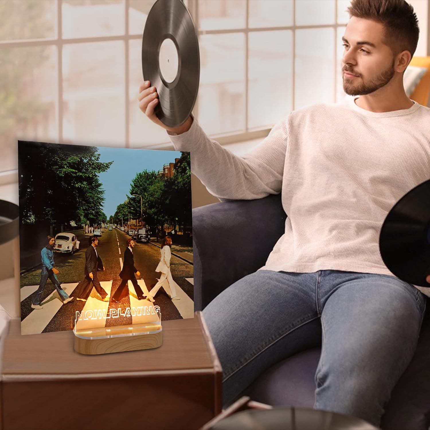 YuanDian Light up Now Playing Vinyl Record Stand, Now Spinning Record Stand, Wooden Acrylic Holder for Album Display