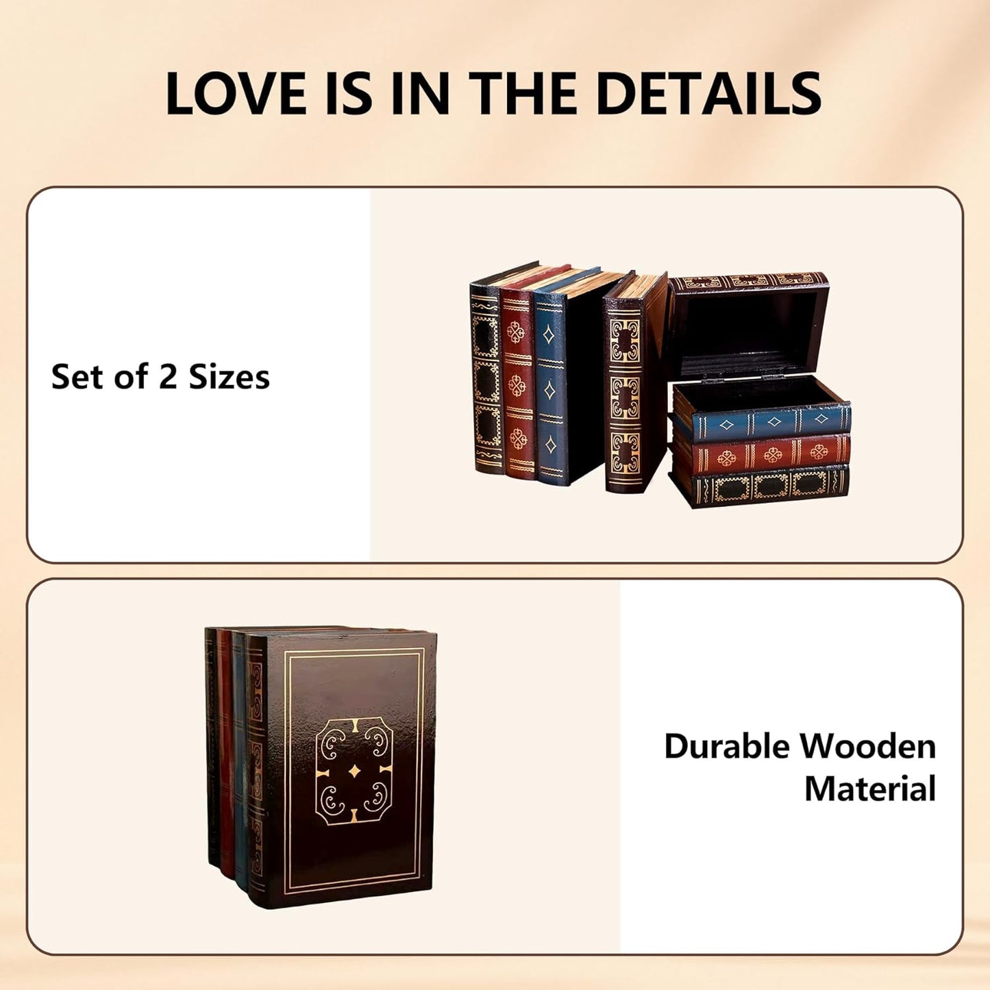 Wooden False Book Box Storage Box / Brown / 7.87 x 6.3 x 5.51 / Set of 2